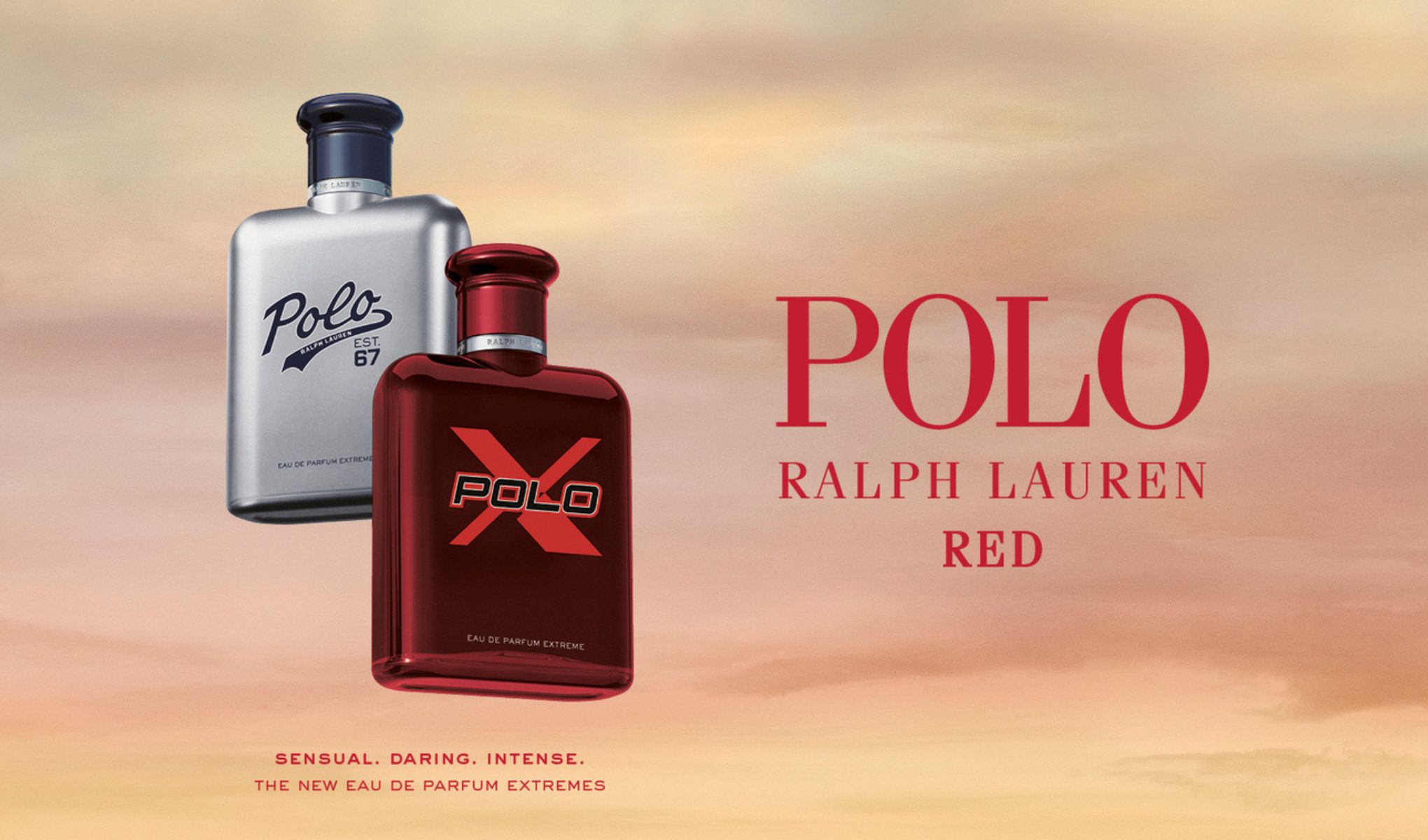 Kampanjbild för Polo Ralph Lauren Red med två parfymflaskor märkta “Polo Est. 67” och “Polo X”, texten “POLO RALPH LAUREN RED” samt “Sensual. Daring. Intense. The new Eau de Parfum Extremes”.
