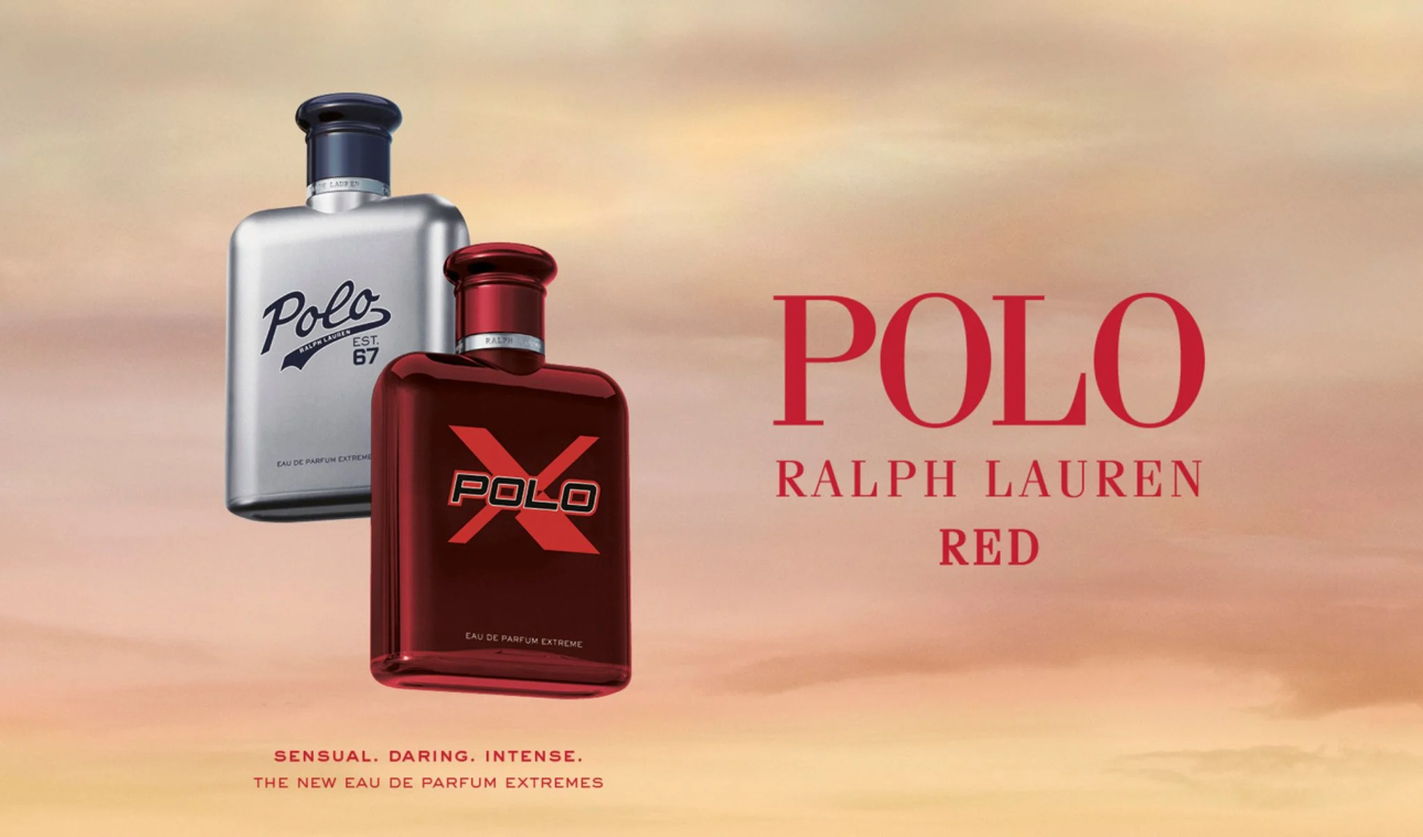 Kampanjebilde for Polo Ralph Lauren Red med to parfymeflasker merket “Polo Est. 67” og “Polo X”, teksten “POLO RALPH LAUREN RED” samt “Sensual. Daring. Intense. The new Eau de Parfum Extremes”.