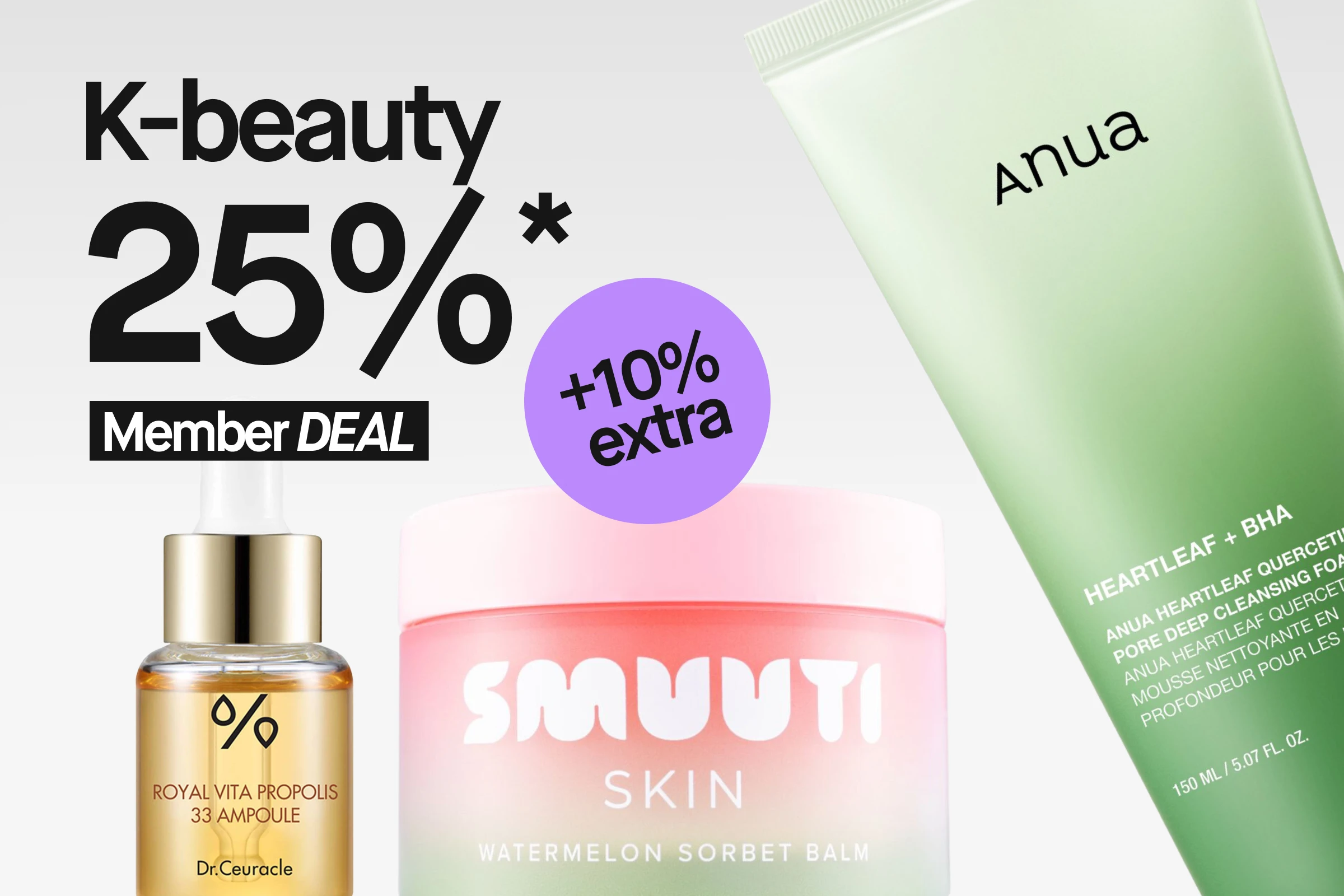 Kampanjbild för K-beauty med texten ”K-beauty 25%* Member DEAL” och en rosa cirkel med texten ”GLOW-UP deal”. Bilden visar hudvårdsprodukter från Anua, Smuuti Skin och Dr. Ceuracle mot ljus bakgrund.
