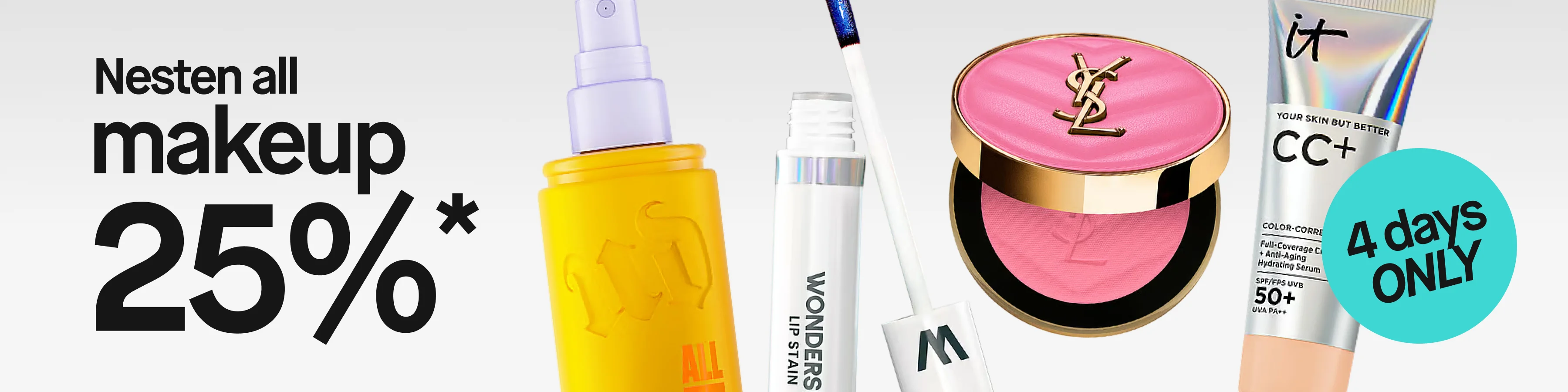 Makeup med teksten «Makeup 25%*» og den turkise kampanjemerkingen «4 day DEAL». Produkter fra Real Techniques 201 sminkekost, NYX Professional Makeup Buttermelt Blush og IDUN Minerals Ready Set Fix Setting Spray vises mot en lys grå bakgrunn.