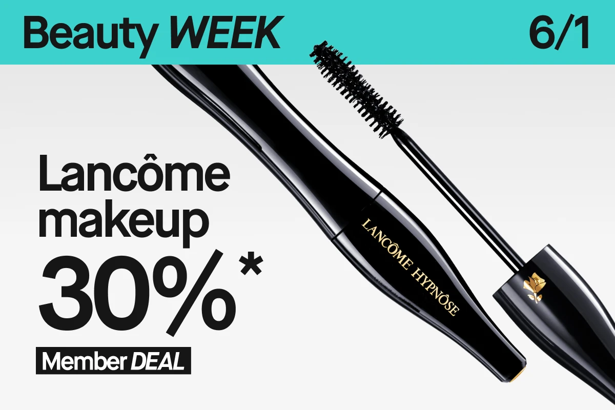 Bilden visar en kampanjlayout med turkos toppbanner där det står Beauty WEEK och datumet 6/1. Till vänster syns svart kampanjtext som lyder ”Lancôme makeup 30% Member DEAL”. Till höger ligger en svart, elegant Lancôme Hypnôse-mascara med guldlogga, vinklad över en ljus bakgrund.