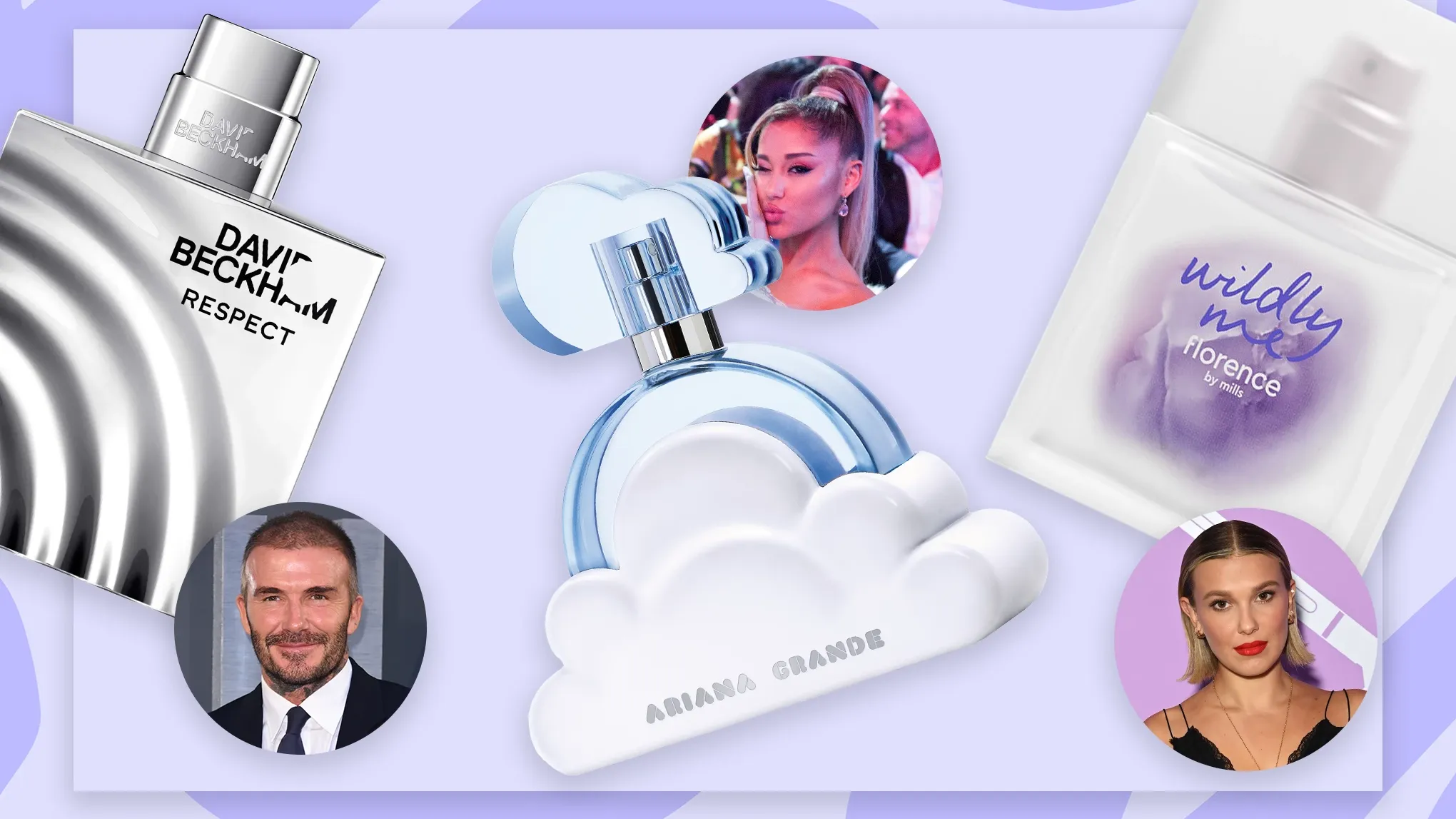 Tre kändisparfymer – David Beckhams "Respect", Ariana Grandes "Cloud" och Florence by Mills "Wildly Me", med bilder på respektive kändis.