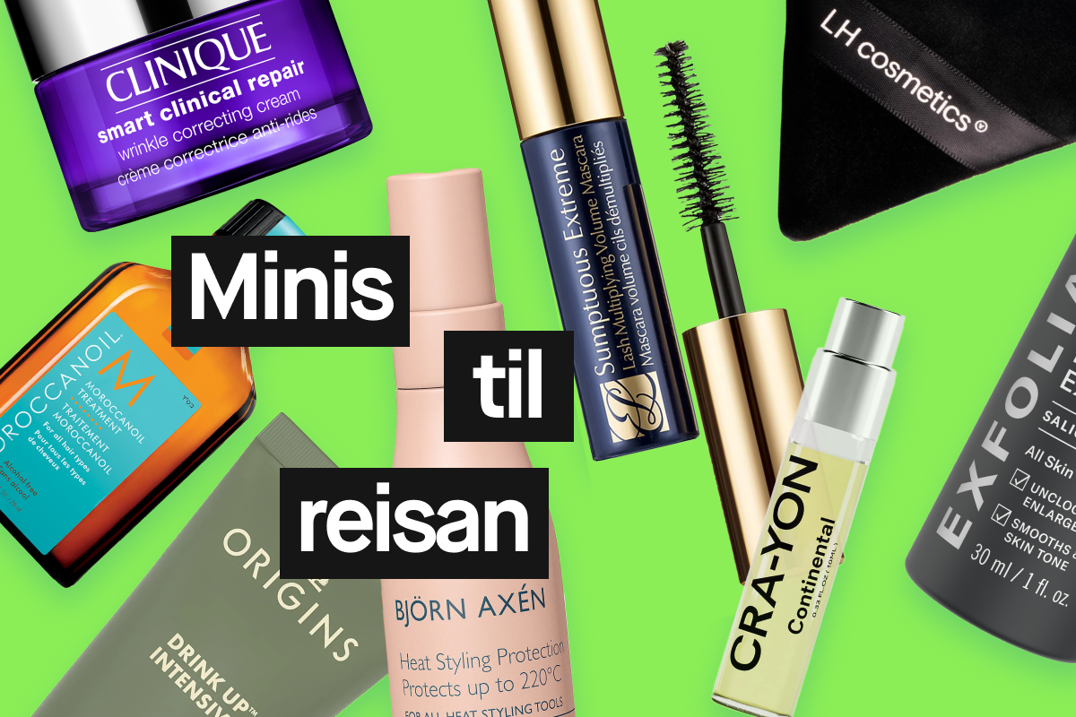Flere skjønnhetsprodukter i reisestørrelse på grønn bakgrunn med teksten “Minis till resan”, inkludert Clinique Smart Clinical Repair, Estée Lauder Sumptuous Extreme Mascara, Moroccanoil Treatment, Origins Drink Up Intensive, Björn Axén Heat Styling Protection Protects up to 220°C, Crayon Continental og Paula’s Choice 2% BHA Liquid Exfoliant.