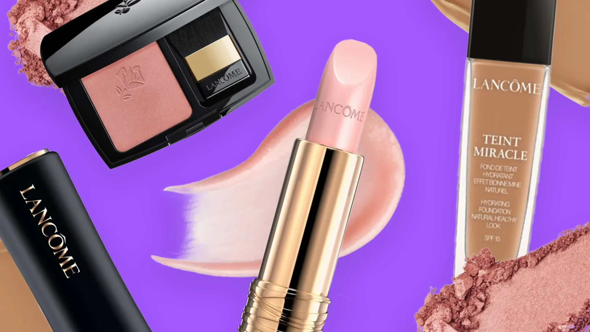 Lancome-meikkituotteet violettia taustaa vasten.