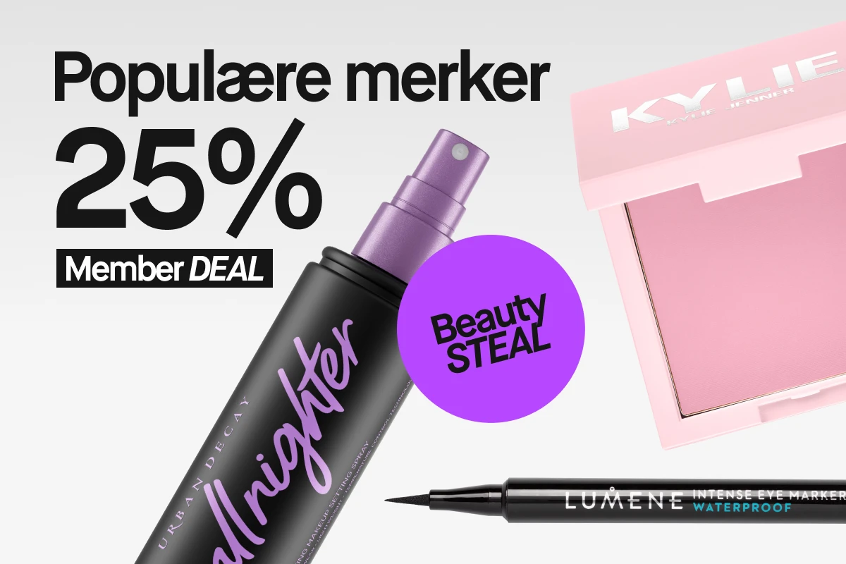 urban decay setting spray, eyeliner og lys rosa rouge fra Kylie cosmetics på lys grå bakgrunn. Budskap: 25% på populære merker