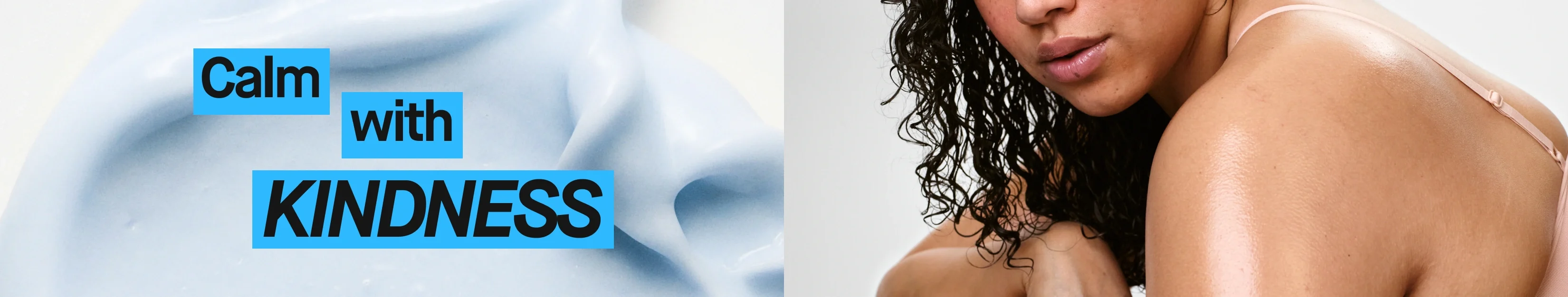 Lys blå kremet hudpleietekstur ved siden av flere hudpleieprodukter fra merker som Bioderma, La Roche-Posay, ACO, Eucerin og Decubal plassert foran en person. Teksten "Calm with KINDNESS" vises i blå bokser.
