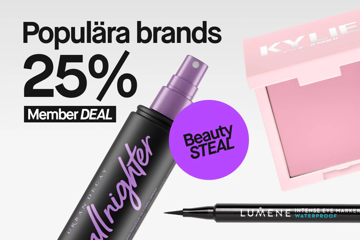 Bild som visar populära skönhetsprodukter från märken som Urban Decay, Lumene och Kylie Jenner. Texten på bilden lyder 'Populära brands 25% Member DEAL'.