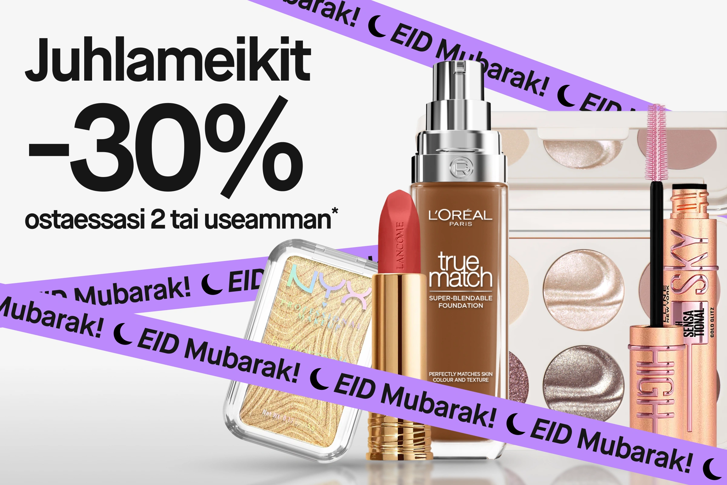 Kampanjakuva tekstillä ”Festmakeup 30% vid köp av 2 eller fler” ja ”Mixa fritt!”. Meikkituotteita merkeiltä IsaDora, Lancôme, L’Oréal Paris, Maybelline, Morphe, NYX Professional Makeup ja Real Techniques, mukana huulipuna, meikkivoide, korostustuote, luomiväripaletti ja ripsiväri, taustalla violetteja ”EID Mubarak!” -nauhoja.