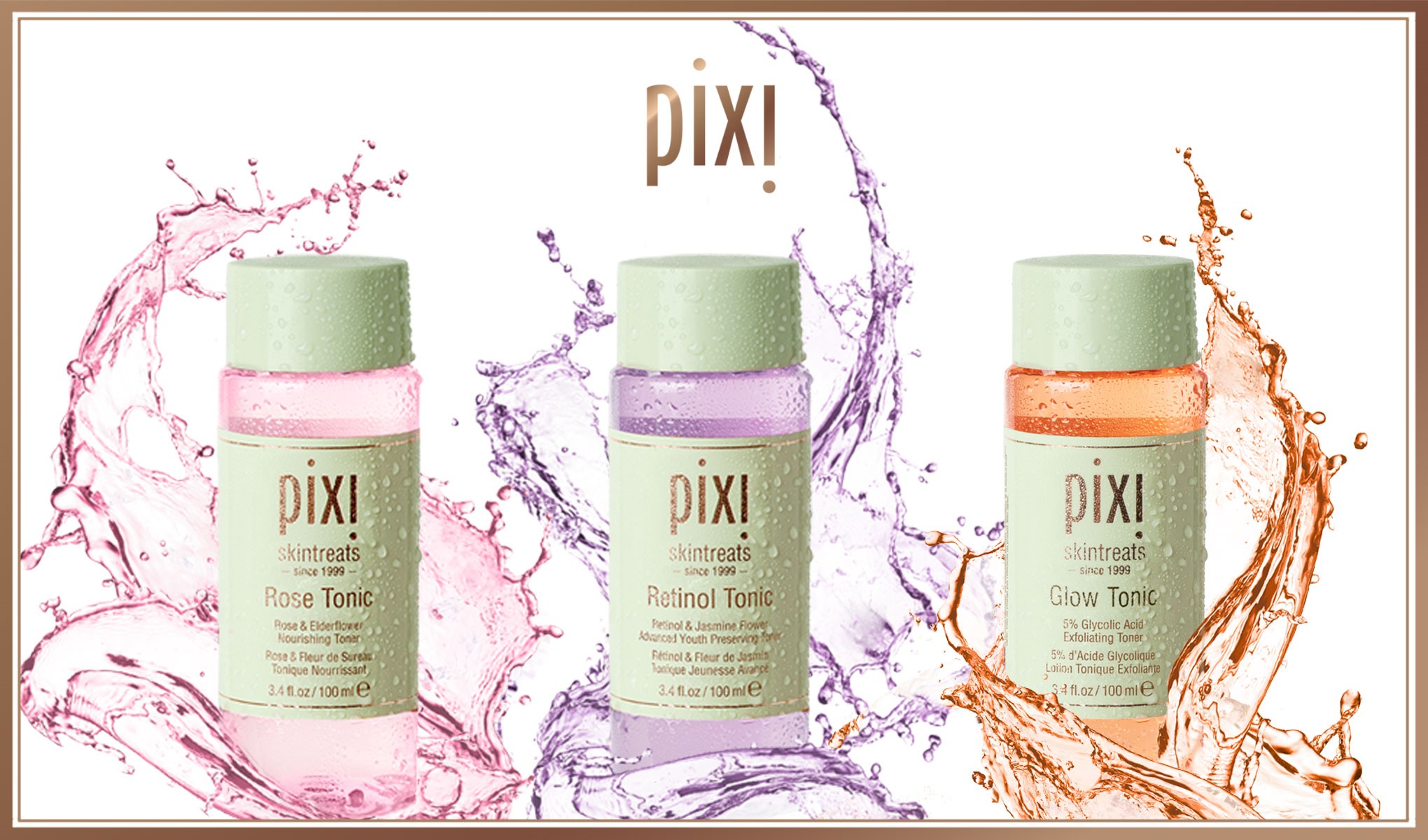 Tre flasker med Pixi skintreats tonic. Bakgrunnen har fargeklatter som matcher fargen på hver tonic: rosa for Rose Tonic, lilla for Retinol Tonic og oransje for Glow Tonic.