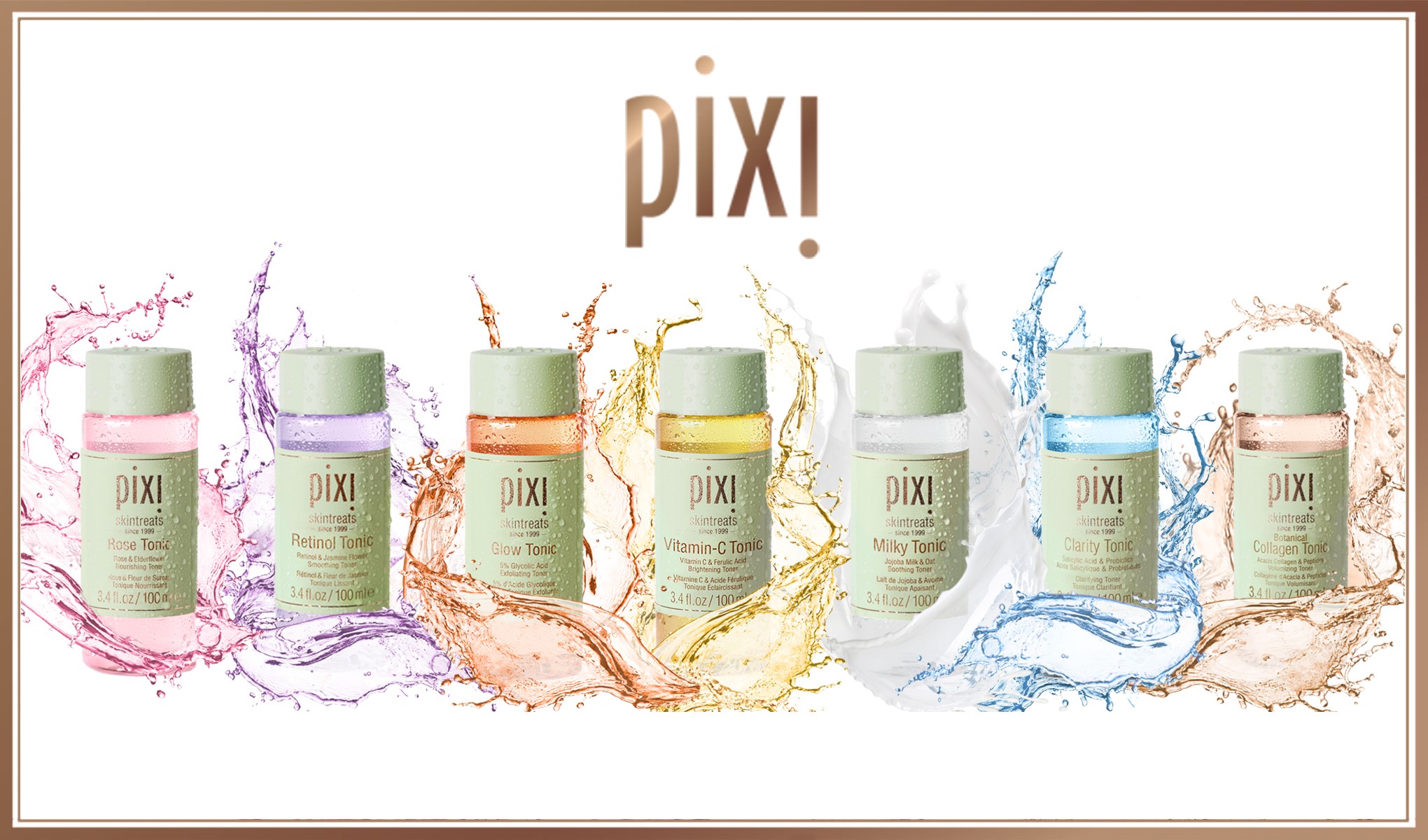 Seitsemän erilaista kasvovettä Pixiltä. Jokaista pulloa ympäröivät väriläiskät, jotka vastaavat sisällön väriä. Tausta on valkoinen, ja yläreunassa on Pixin logo.