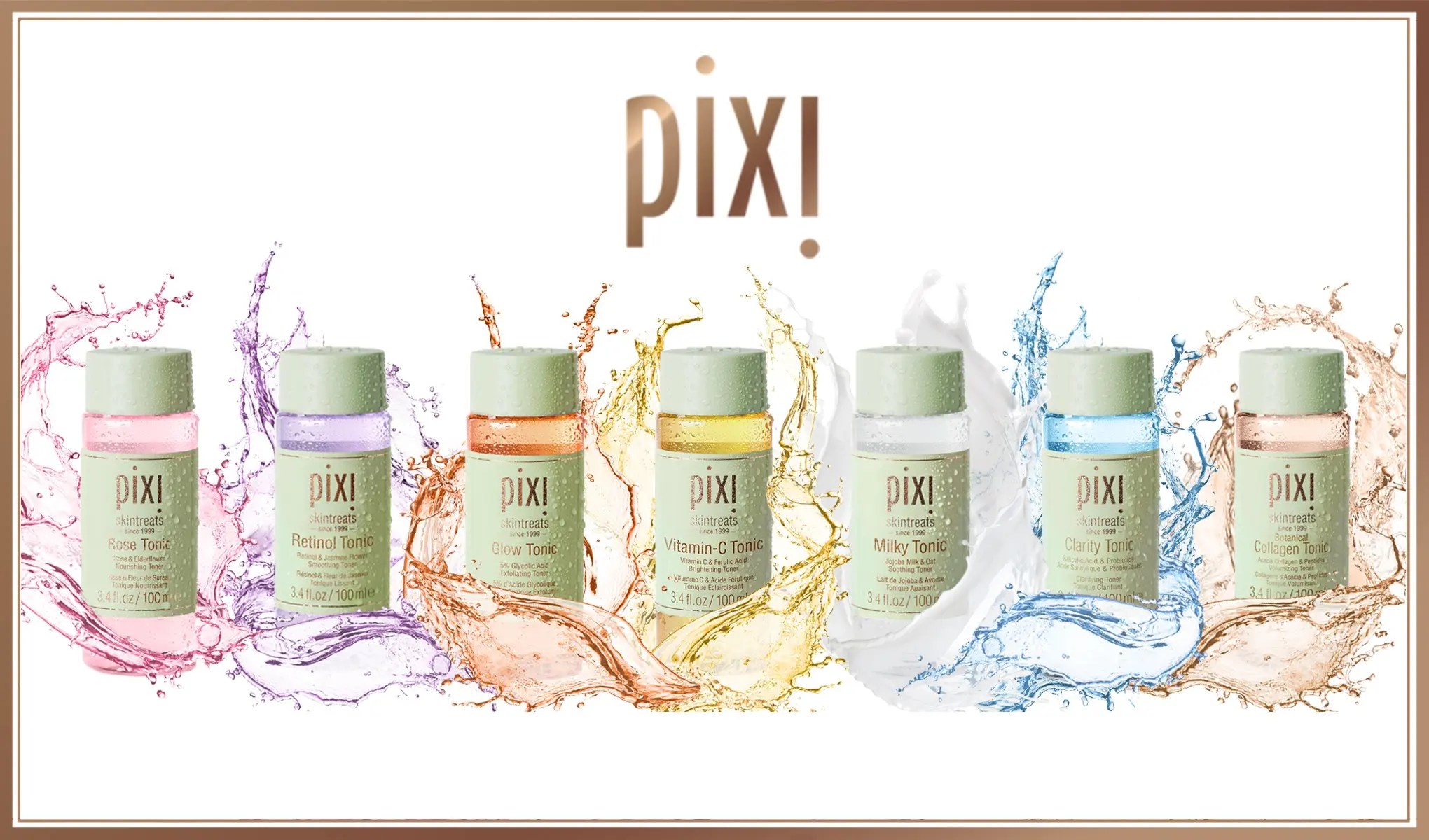 Seitsemän erilaista kasvovettä Pixiltä. Jokaista pulloa ympäröivät väriläiskät, jotka vastaavat sisällön väriä. Tausta on valkoinen, ja yläreunassa on Pixin logo.
