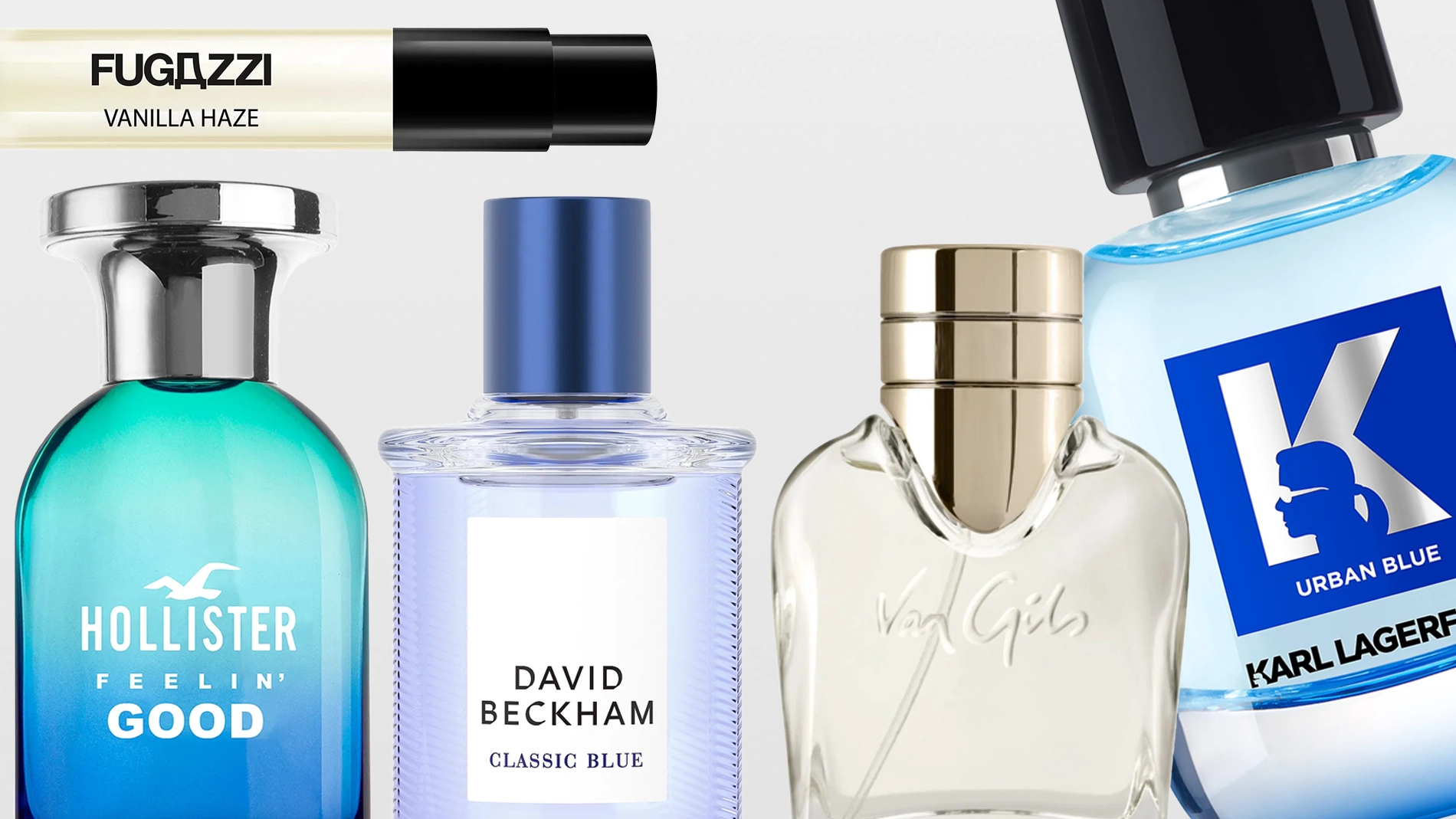 Fire parfymeflasker side om side: Hollister Feelin’ Good i turkis flaske, David Beckham Classic Blue i lyseblå flaske, Van Gils i transparent flaske med gullfarget kork og Karl Lagerfeld Urban Blue i lyseblå flaske. Øverst vises også teksten “FUGAZZI VANILLA HAZE”.