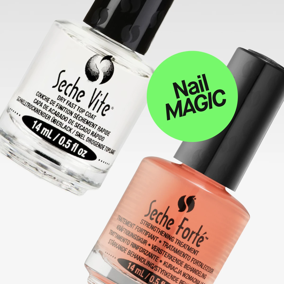 Seche Vite ja Seche Forté -kynsituotteet, tekstit 'Nail MAGIC' valkoista taustaa vasten.
