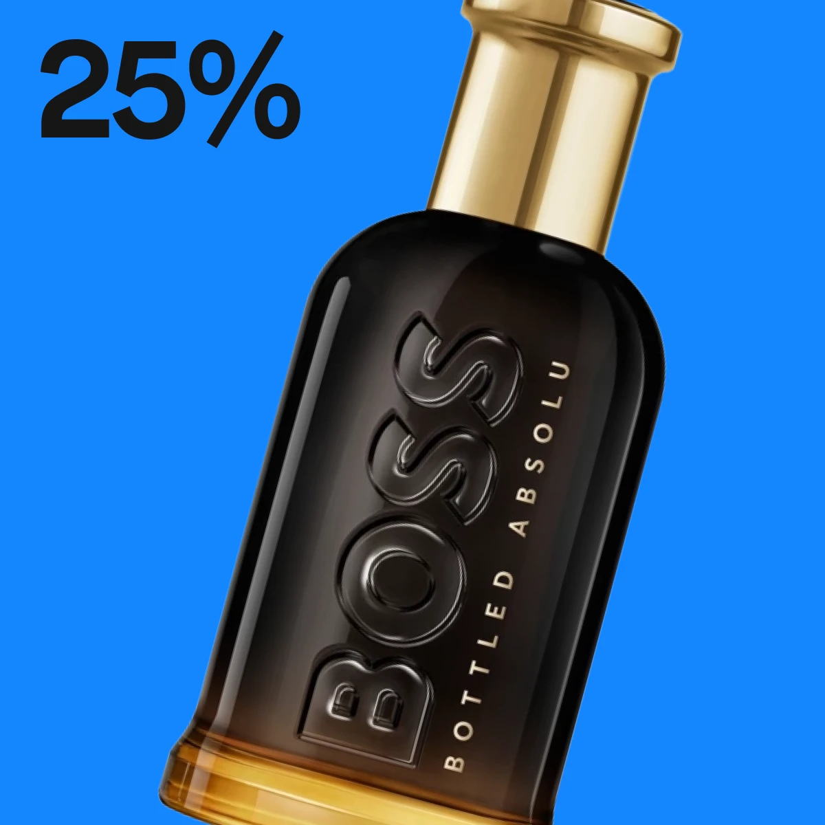 Boss Bottled Absolu parfymeflaske med teksten 20% rabatt, mot en blå bakgrunn.