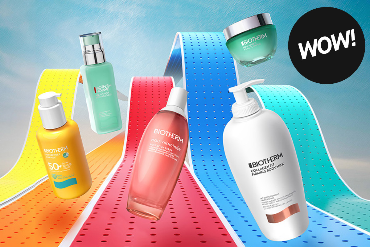 Biotherm-kampanjakuva ihonhoito- ja vartalonhoitotuotteista värikkäällä taustalla, jossa näkyy aaltoilevia nauhoja keltaisen, punaisen, sinisen ja turkoosin sävyissä sekä teksti “WOW!”. Kuvassa ovat Biotherm Waterlover SPF 50+ aurinkosuoja, Homme Aquapower Advanced Gel, Eau Vitaminée vartalosuihke, Collagen Fit Firming Body Milk sekä Biothermin kasvovoidepurkki.