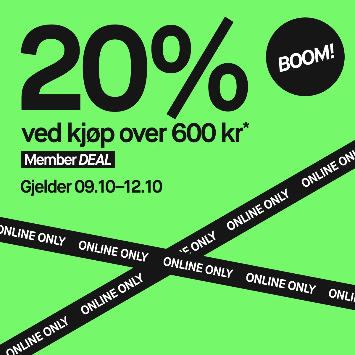 20% ved kjøp over 600 på en knæsj grønn bakgrunn