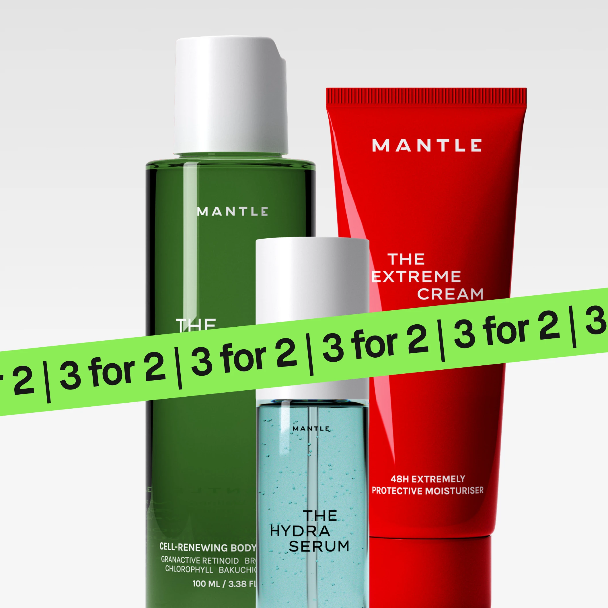Nærbilde av Mantle hudpleie med “The Glow Serum” og “The Extreme Cream 48h Extremely Protective Moisturiser” samt “Cell-Renewing Body Treatment”, med en grønn “3 för 2”-banner over bildet.