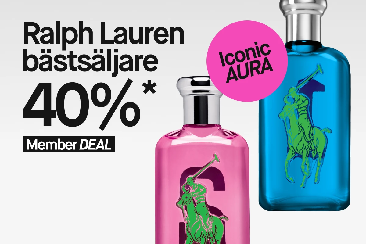 Ralph Lauren-parfymer i rosa och blå glasflaska fotograferade i vinkel, med kampanjtexten ”Ralph Lauren bästsäljare 40%* Member DEAL” och rosa cirkel med texten ”Iconic AURA”.