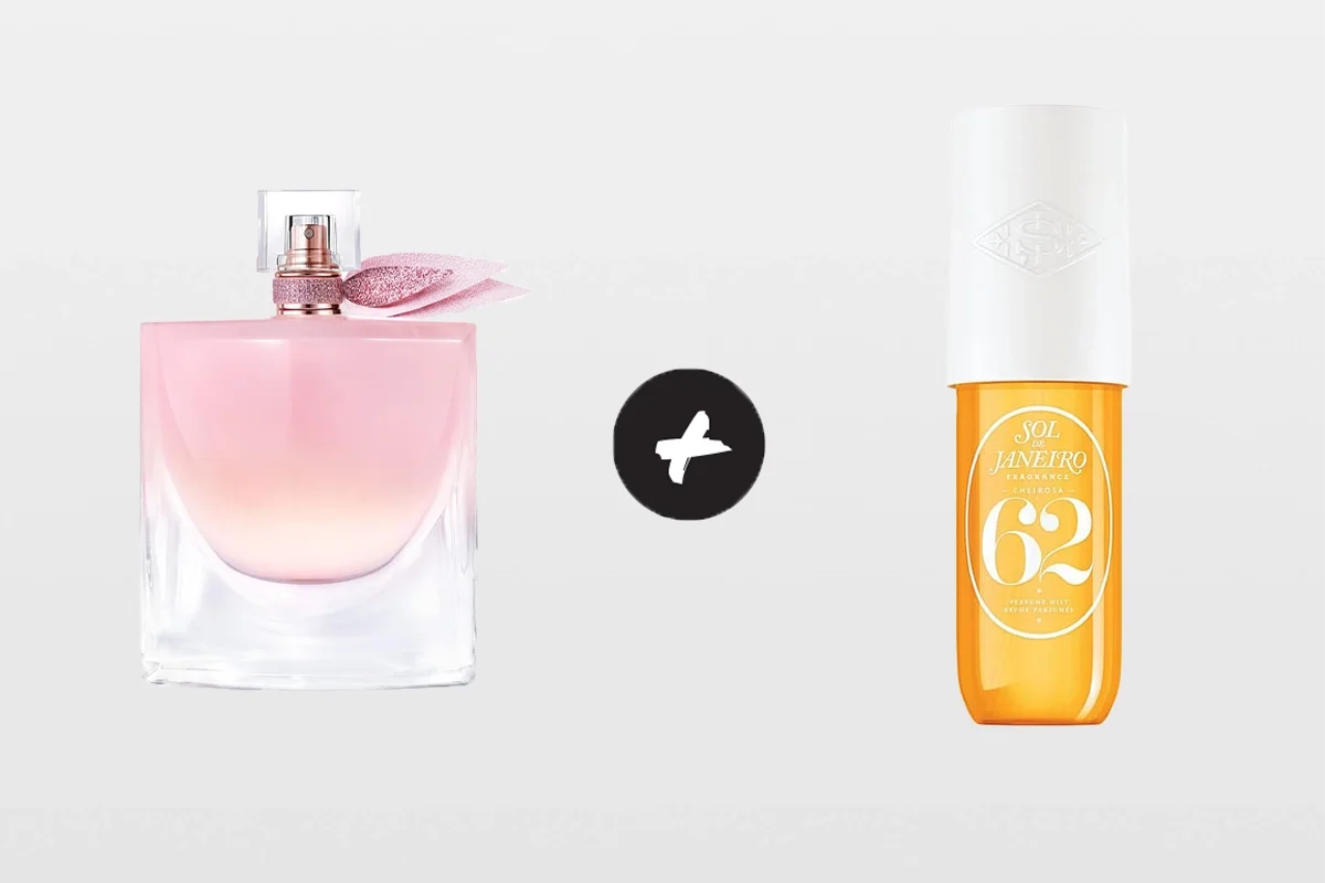 To duftprodukter mot lys bakgrunn: en rosa parfymeflaske med glitrende rosa sløyfe samt et oransje Sol de Janeiro-produkt med hvit kork. På den oransje flasken står SOL DE JANEIRO, FRAGRANCE CHEIROSА 62 og PERFUME MIST.