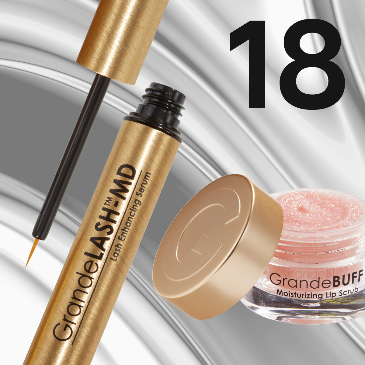 Grande Cosmetics fransserum och rosa läppskrubb i eleganta guldförpackningar.