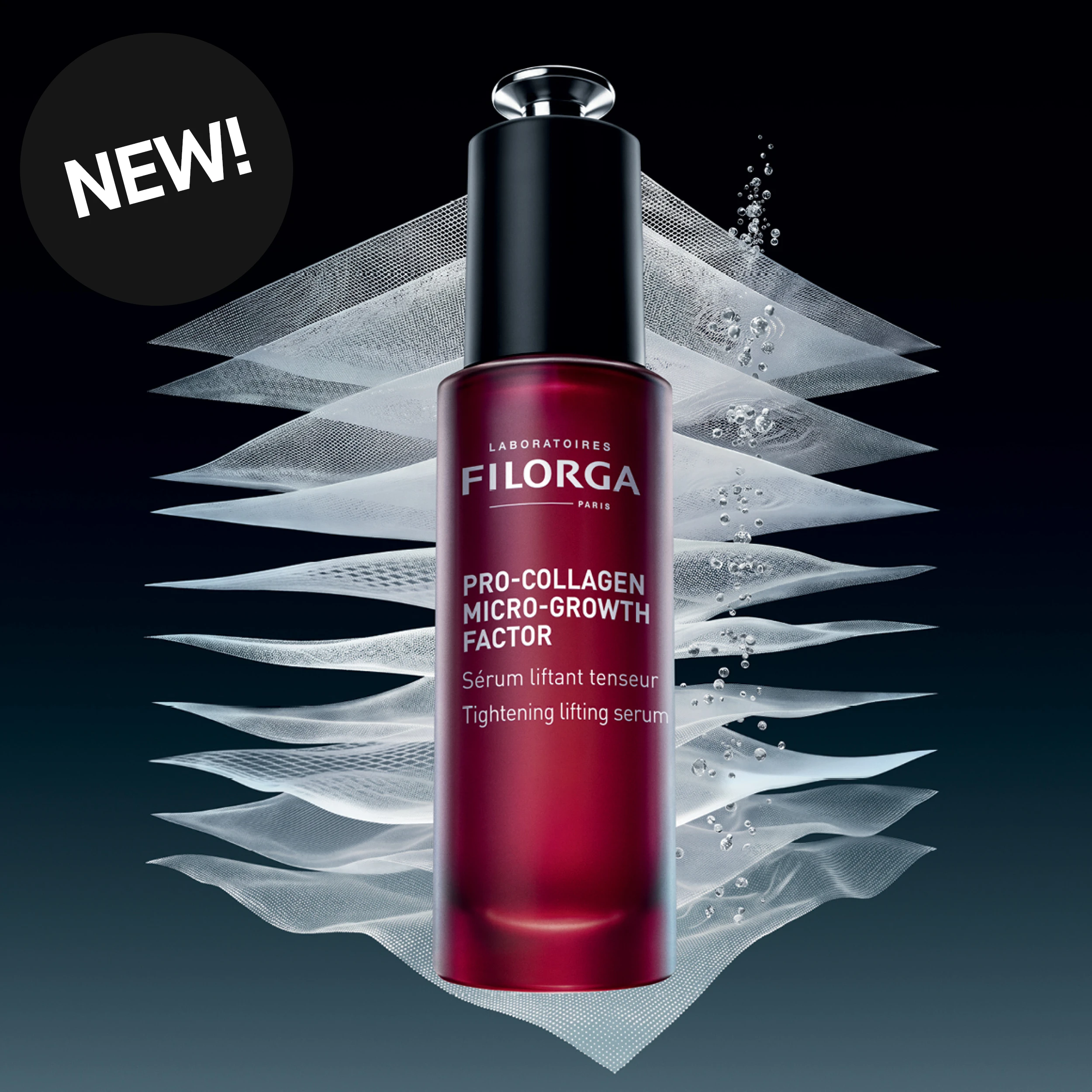Ny Filorga Pro-Collagen Micro-Growth Factor oppstrammende og løftende serum i en mørkerød flaske.