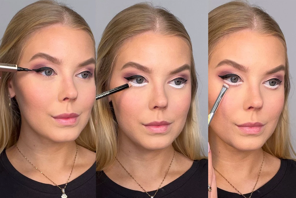 En steg-för-steg-guide om eyeliner som visar en kvinna som applicerar eyeliner med vinge, lägger vit liner på nedre vattenlinjen och blandar ögonskugga på nedre fransraden.
