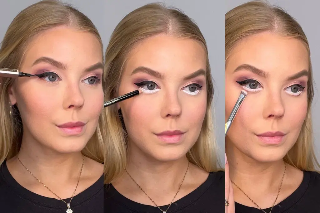 Vaiheittainen eyeliner-opastus, jossa nainen käyttää siipimäistä eyelineria, lisää valkoisen rajauksen alaviivaansa ja häivyttää luomivärin alaripsirajaan.