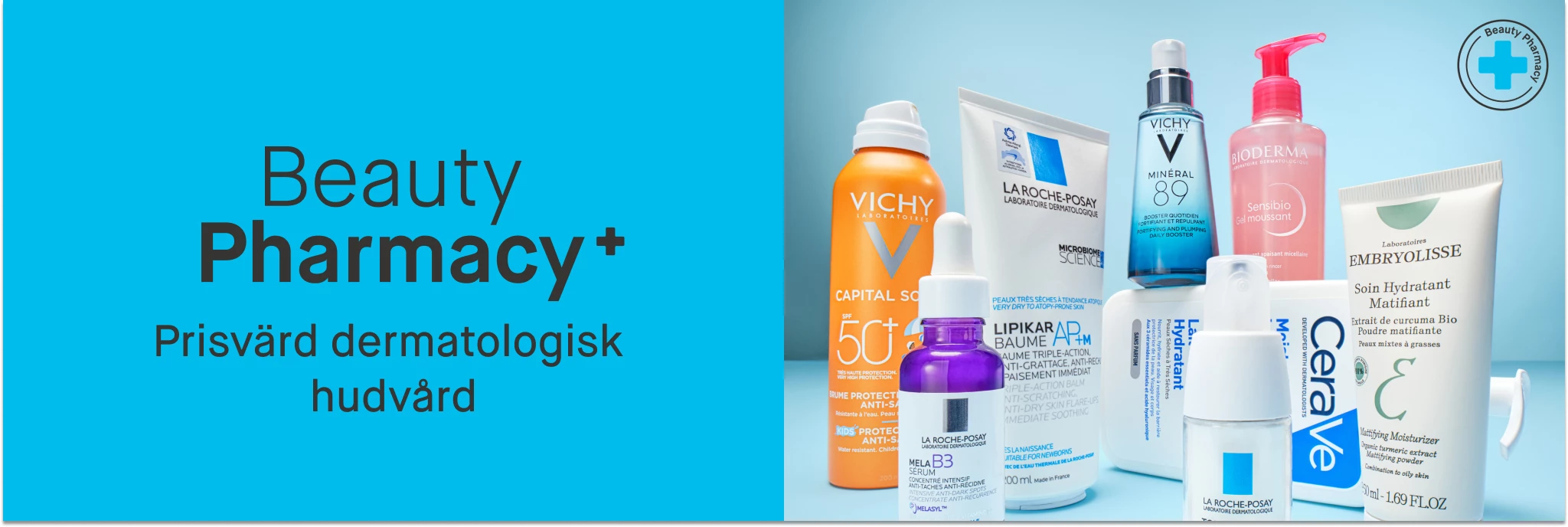 En grupp med olika produkter ur BeautyPharmacy produkter samt texten "BeautyPharmacy Prisvärd dermatologisk hudvård"