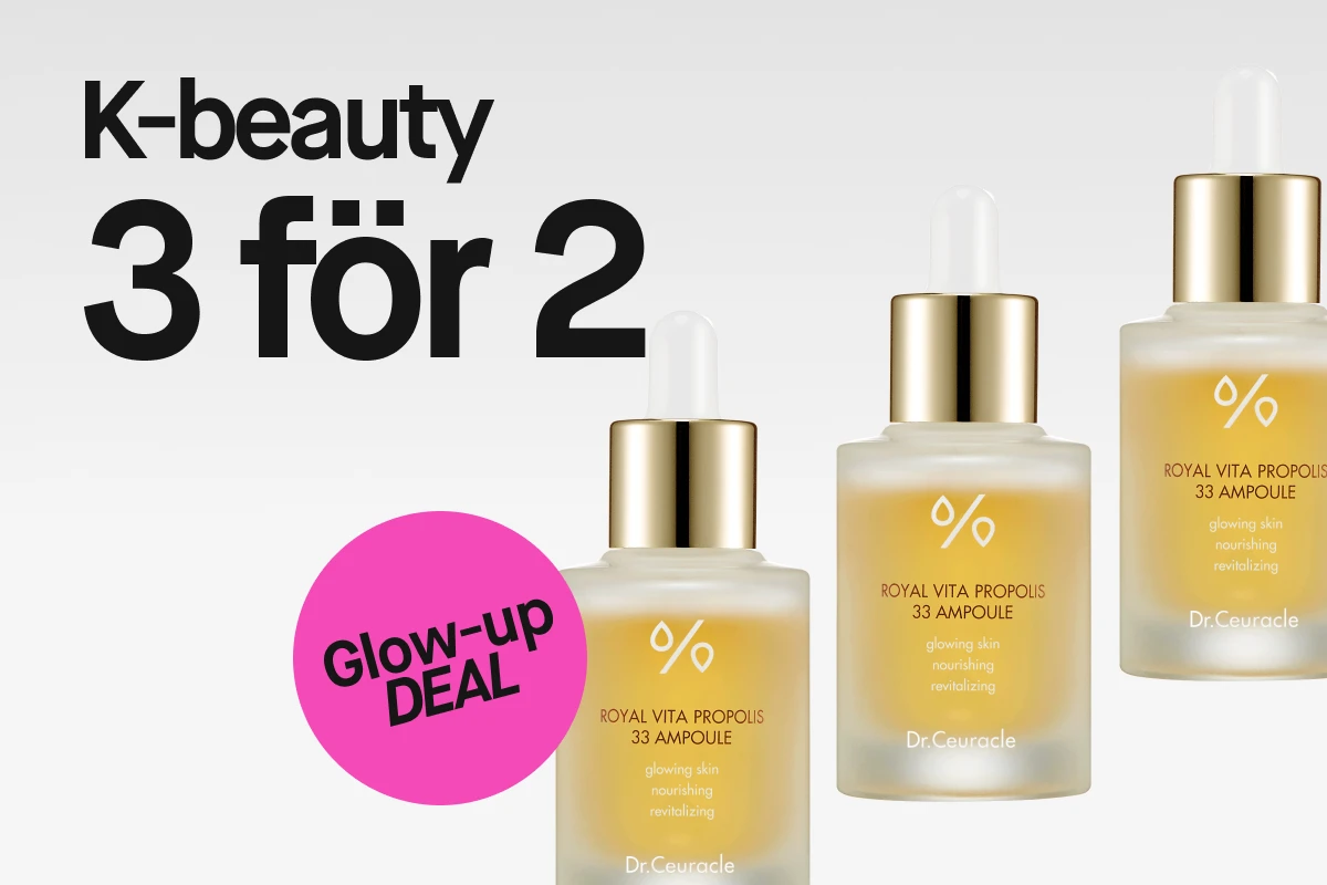Tre flaskor av Dr. Ceuracle Royal Vita Propolis 33 Ampoule med texten 'K-beauty 3 för 2' och en rosa cirkel med texten 'Glow-up DEAL'.
