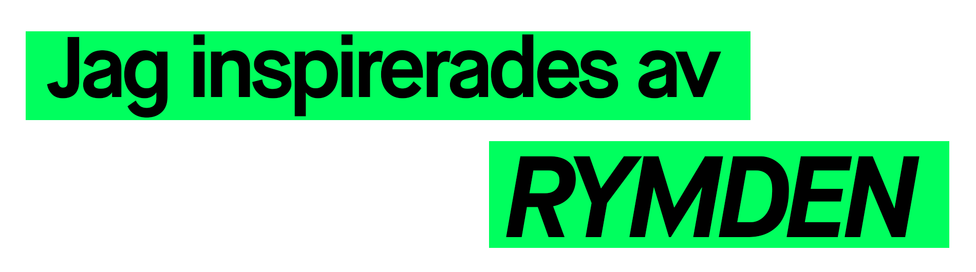 Grön och svart grafisk textbanner med texten ”Jag inspirerades av RYMDEN” i versaler på vit bakgrund.