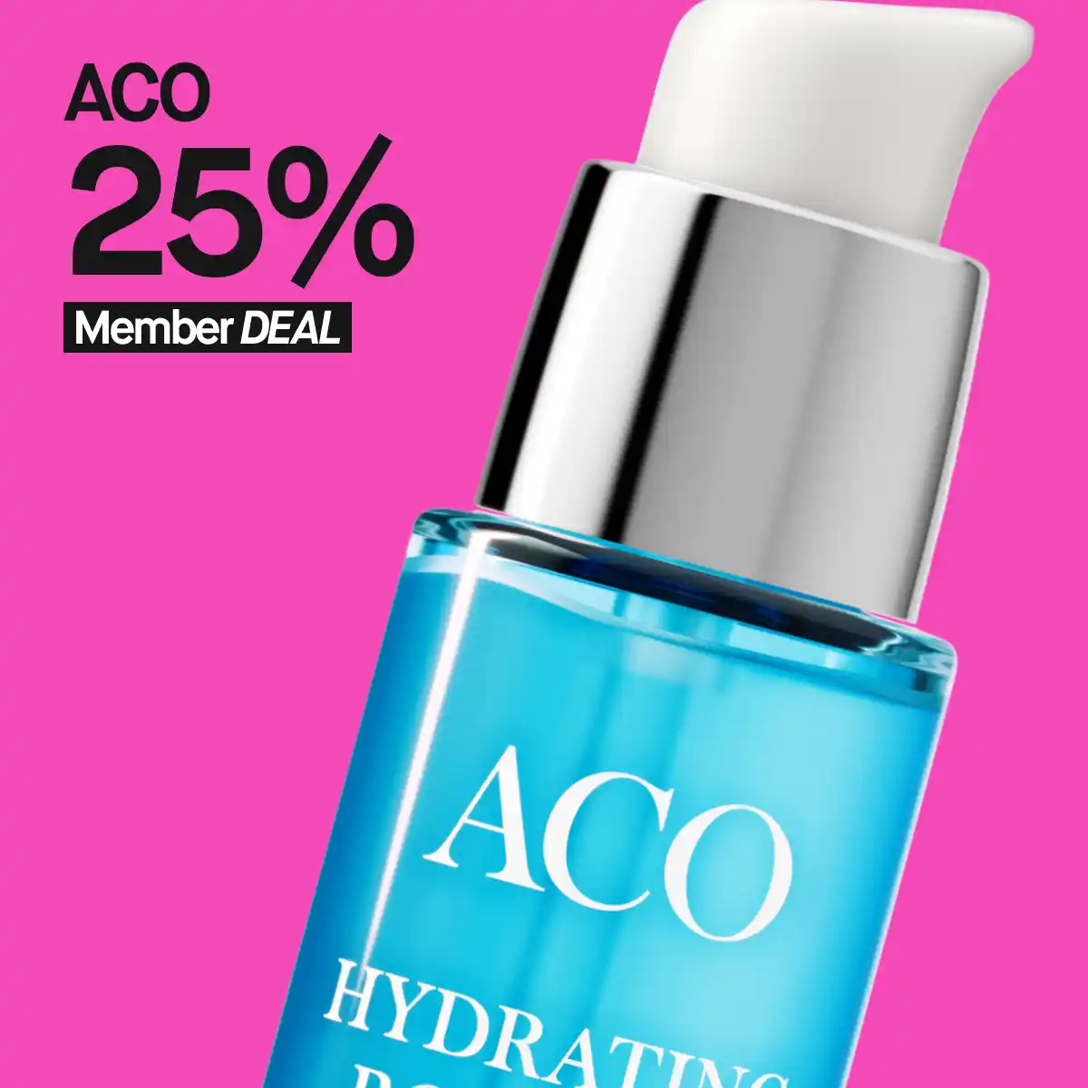 ACO Hydrating Booster med 25% rabatt för medlemmar, mot en rosa bakgrund.