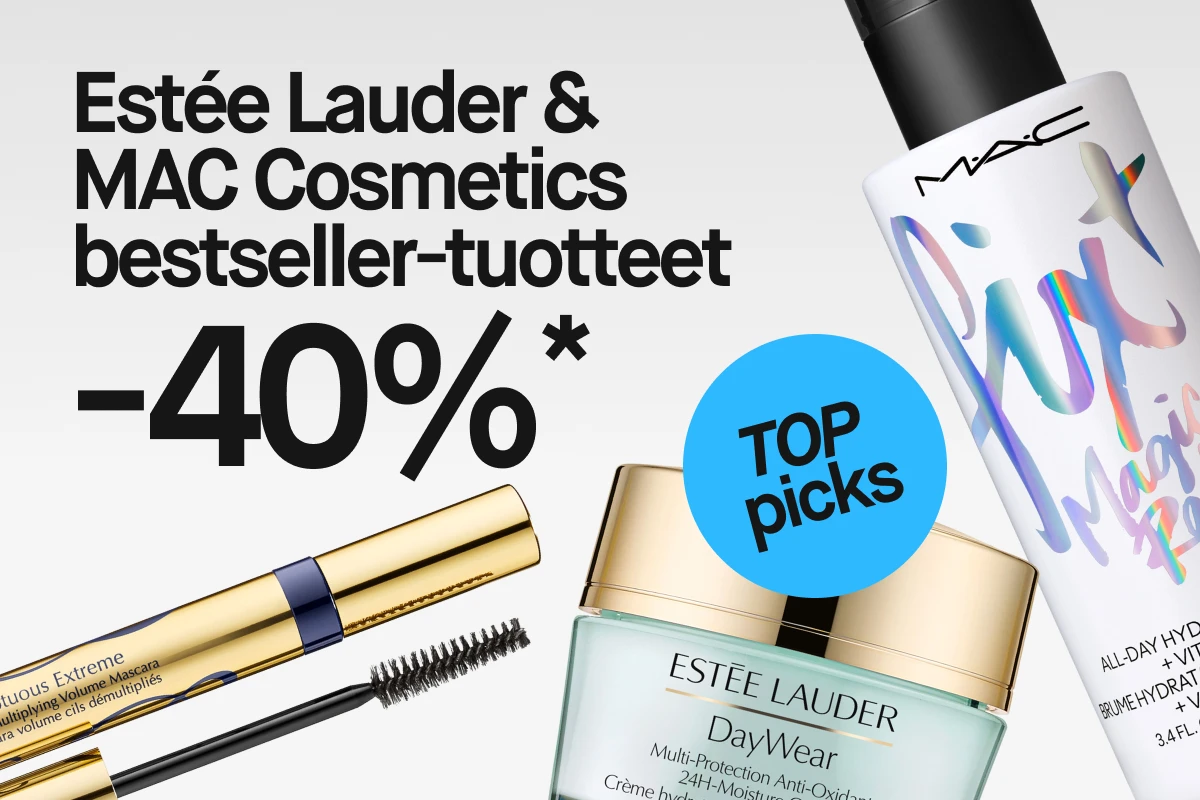 Teksti ”Estée Lauder & MAC Cosmetics suosituimmat tuotteet 40 %*” näkyy sinisen ympyrän vieressä, jossa lukee ”TOP picks”. Kuvassa näkyvät Estée Lauder DayWear Multi-Protection Anti-Oxidant 24H-Moisture Creme SPF 15, Estée Lauder Sumptuous Extreme Lash Multiplying Volume Mascara näkyvällä mascaraharjalla sekä MAC Fix+ Magic Radiance vaaleanharmaata taustaa vasten.