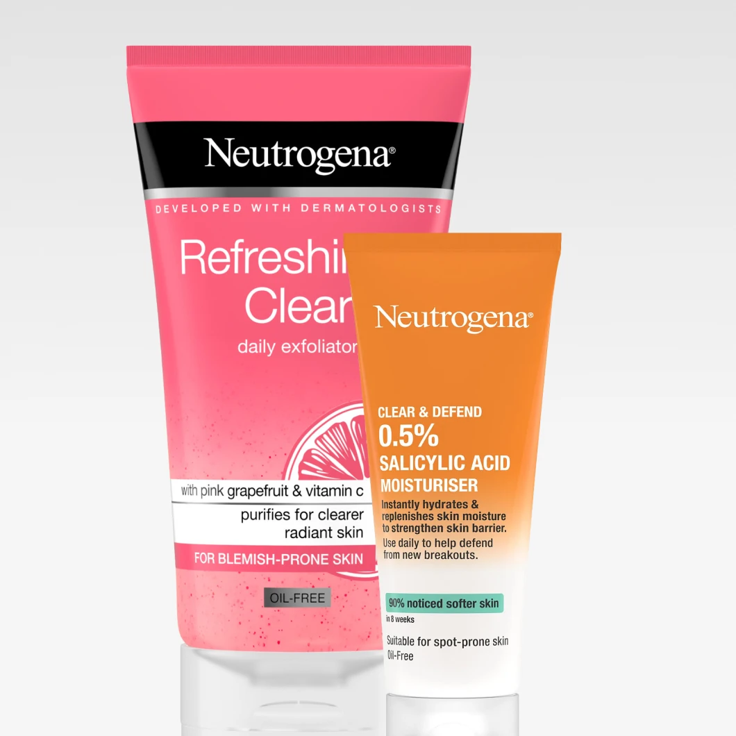 Bild som visar två produkter från Neutrogena: en rosa tub med Neutrogena Clear & Radiant Face Scrub och en orange tub med Neutrogena Clear & Defend 0.5% Salicylic Acid Moisturiser. Bakgrunden är vit.