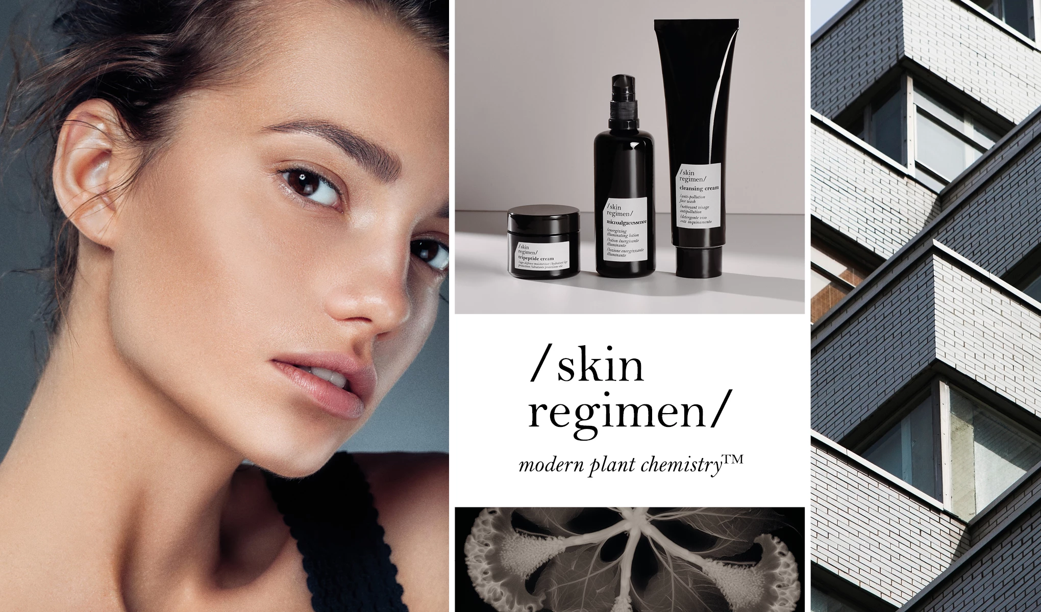 En kollagebild med hudvårdsprodukter från /skin regimen/ placerade på en vit yta. Förpackningarna är en burk, en flaska med pump och en tub. Texten "/skin regimen/ modern plant chemistry™" är placerad under produkterna. Till vänster syns en del av en kvinnas ansikte och hals, och till höger en bild av en modern byggnad.
