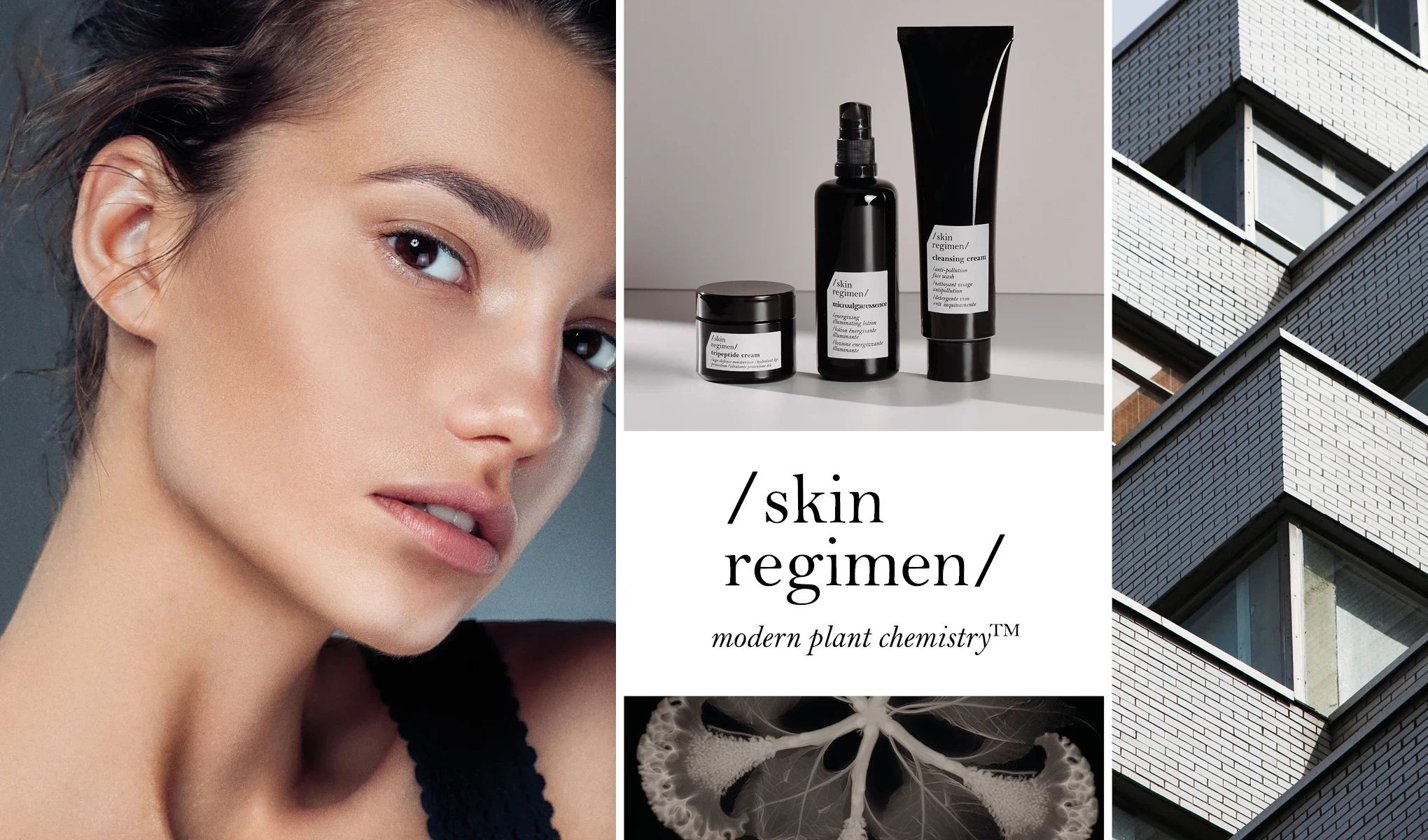 En kollagebild med hudvårdsprodukter från /skin regimen/ placerade på en vit yta. Förpackningarna är en burk, en flaska med pump och en tub. Texten "/skin regimen/ modern plant chemistry™" är placerad under produkterna. Till vänster syns en del av en kvinnas ansikte och hals, och till höger en bild av en modern byggnad.