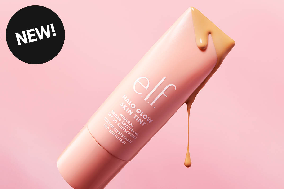 En ny hudtonad tint från e.l.f. med rosa förpackning. Produkten heter "Halo Glow Skin Tint" och har bredspektrat SPF 30 solskydd samt är vattenresistent i 80 minuter.