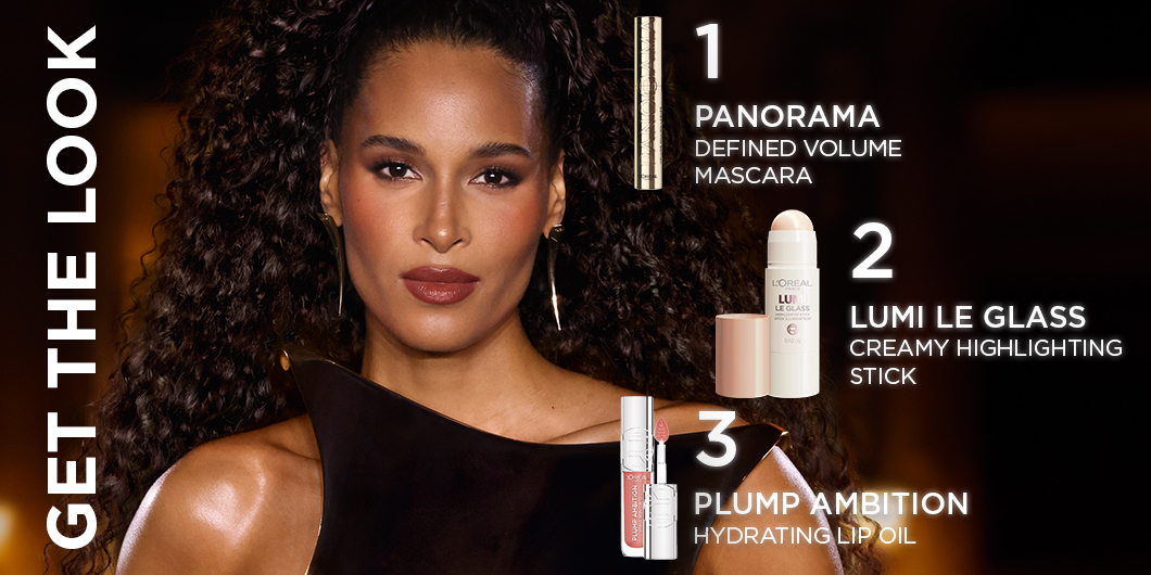"Get the look"-annons med tre L'Oréal Paris-produkter och en modell.