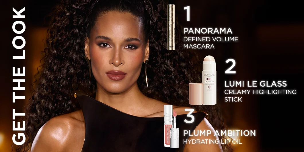 "Get the look"-annons med tre L'Oréal Paris-produkter och en modell.