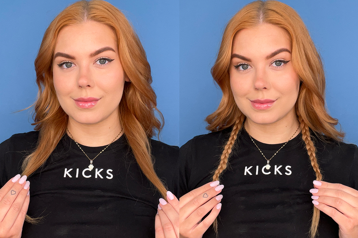 Bilder sida vid sida av en kvinna med löst hår till vänster och löst hår flätat med två små flätor till höger, klädd i en svart ”KICKS”-tröja.