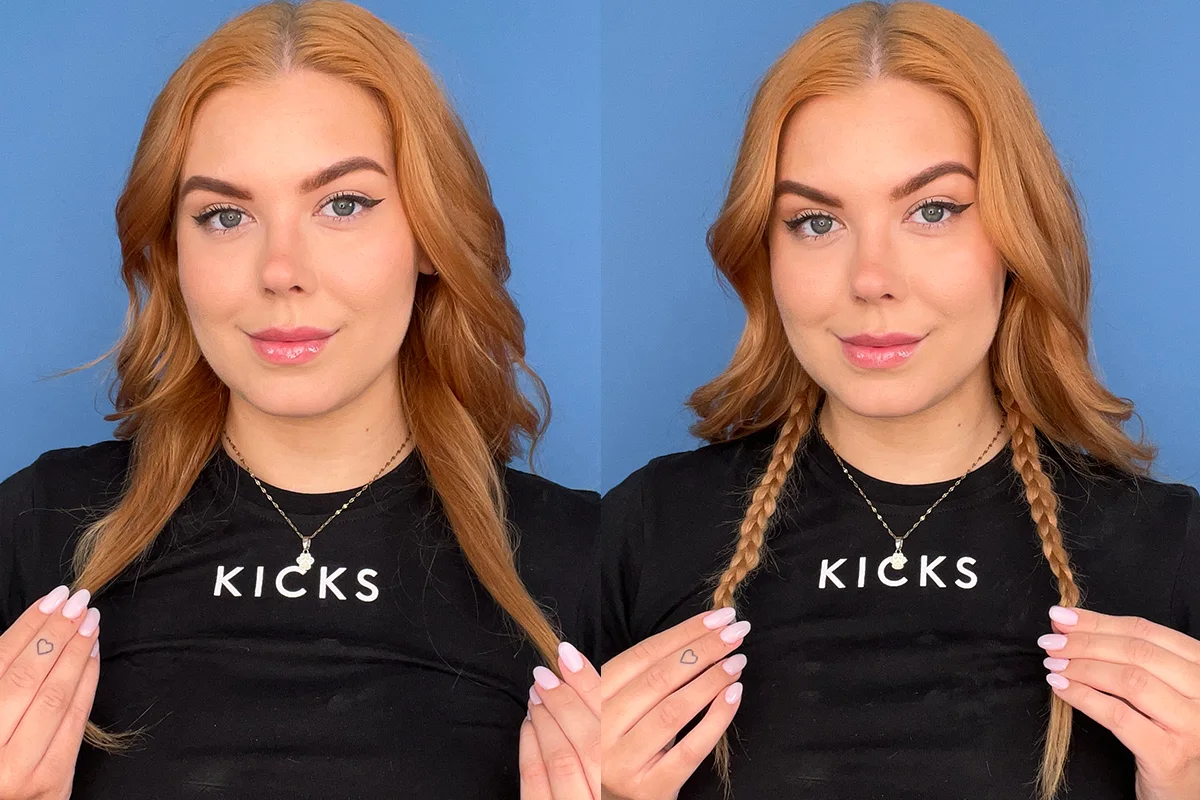 Bilder sida vid sida av en kvinna med löst hår till vänster och löst hår flätat med två små flätor till höger, klädd i en svart ”KICKS”-tröja.