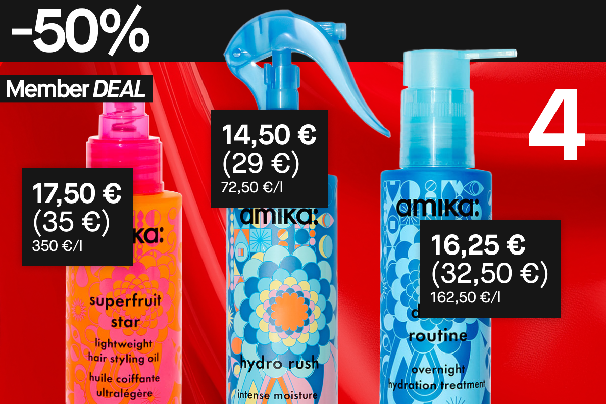 50 % alennus näistä kolmesta Amika-tuotteesta jäsenille: Superfruit Star hiusöljy, Hydro Rush kosteussuihke ja Dream Routine yöhieronta.