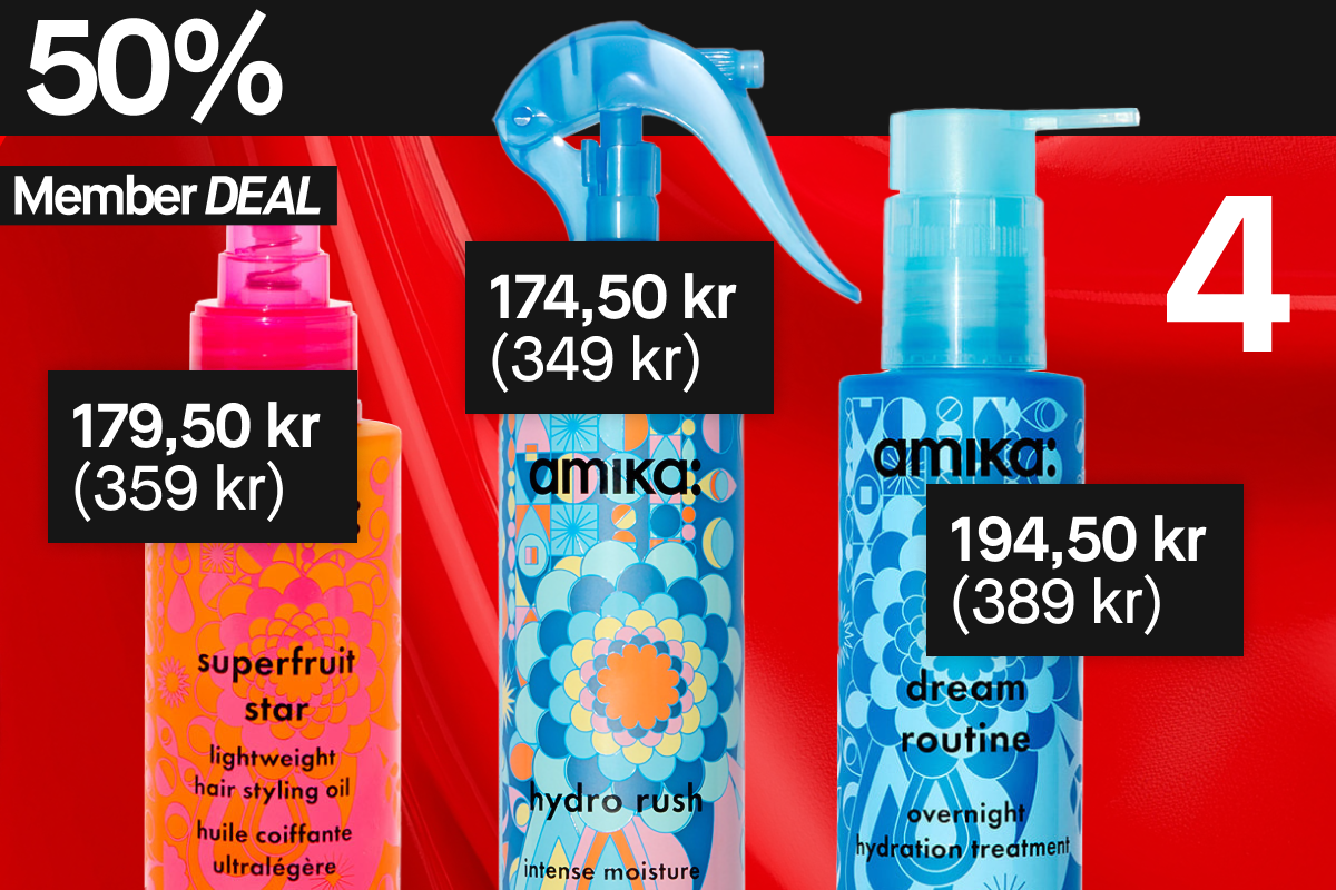 50 % rabatt på dessa tre Amika-produkter för medlemmar: Superfruit Star hårolja, Hydro Rush fuktighetsspray och Dream Routine nattbehandling.