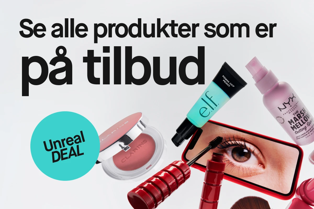 sminkeprodukter er spredt tilfeldig rundt på bildet mot en lys grå bakgrunn