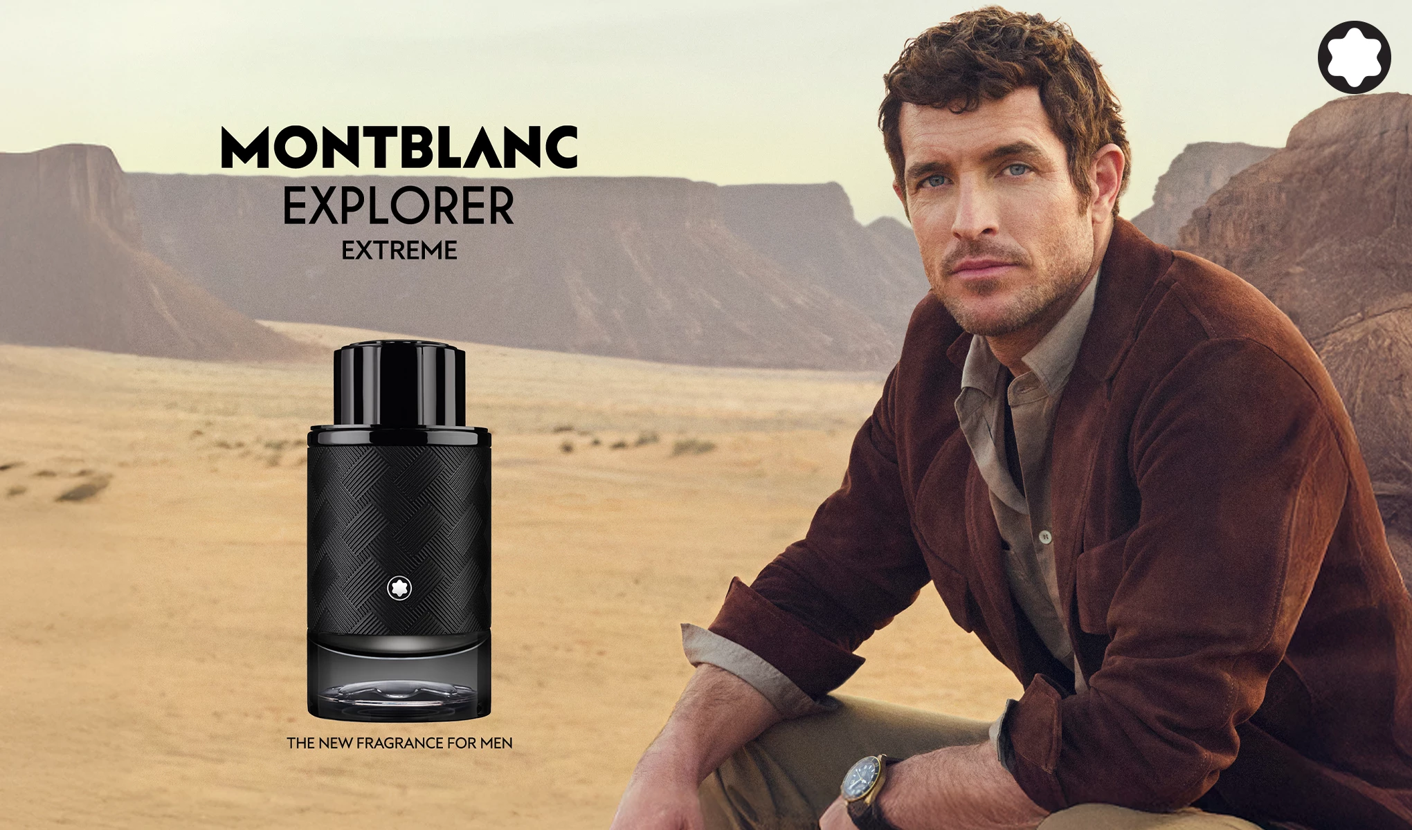 Montblanc Explorer Extreme -tuoksu miehille, esiteltynä autiomaan taustalla.