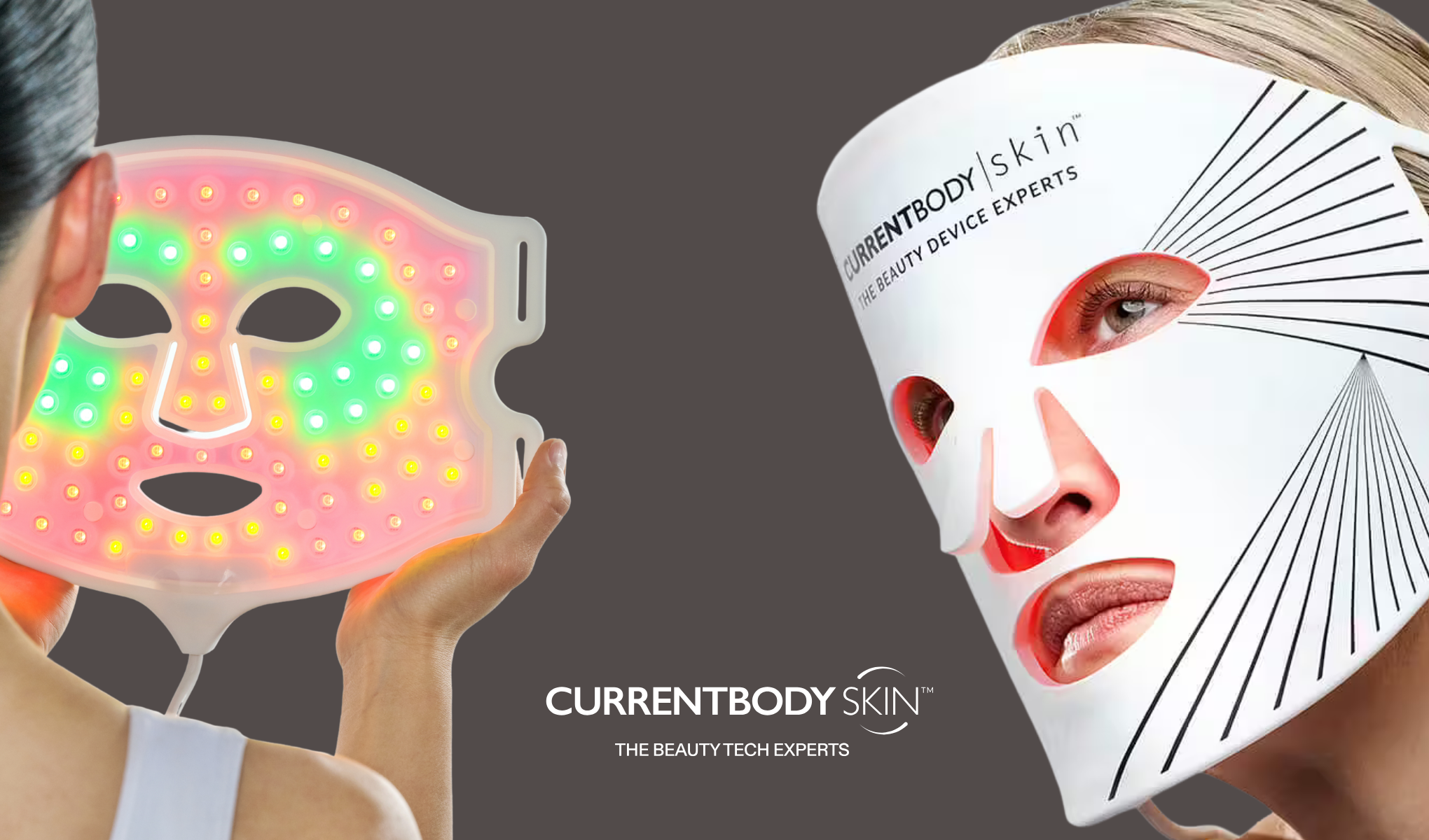 Två bilder av CURRENTBODY Skin LED-ansiktsmask, en hålls upp med synliga röda, gröna och gula ljuspunkter och en bärs på ansiktet med öppningar för ögon, näsa och mun. Texten “CURRENTBODY Skin” och “THE BEAUTY TECH EXPERTS” visas på bilden.