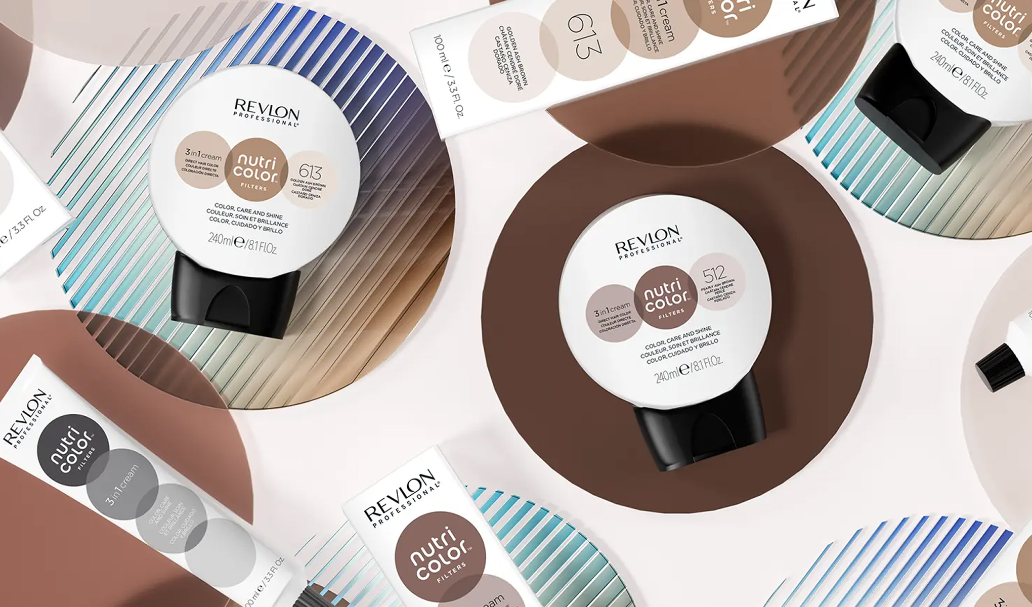 Revlon Professional Nutri Color Filters hårkur og fargebehandling med teksten “3 in 1 Cream”, “Color, Care and Shine”, nyansene “613” og “512” samt størrelse “240 ml / 8.1 fl. oz.”.