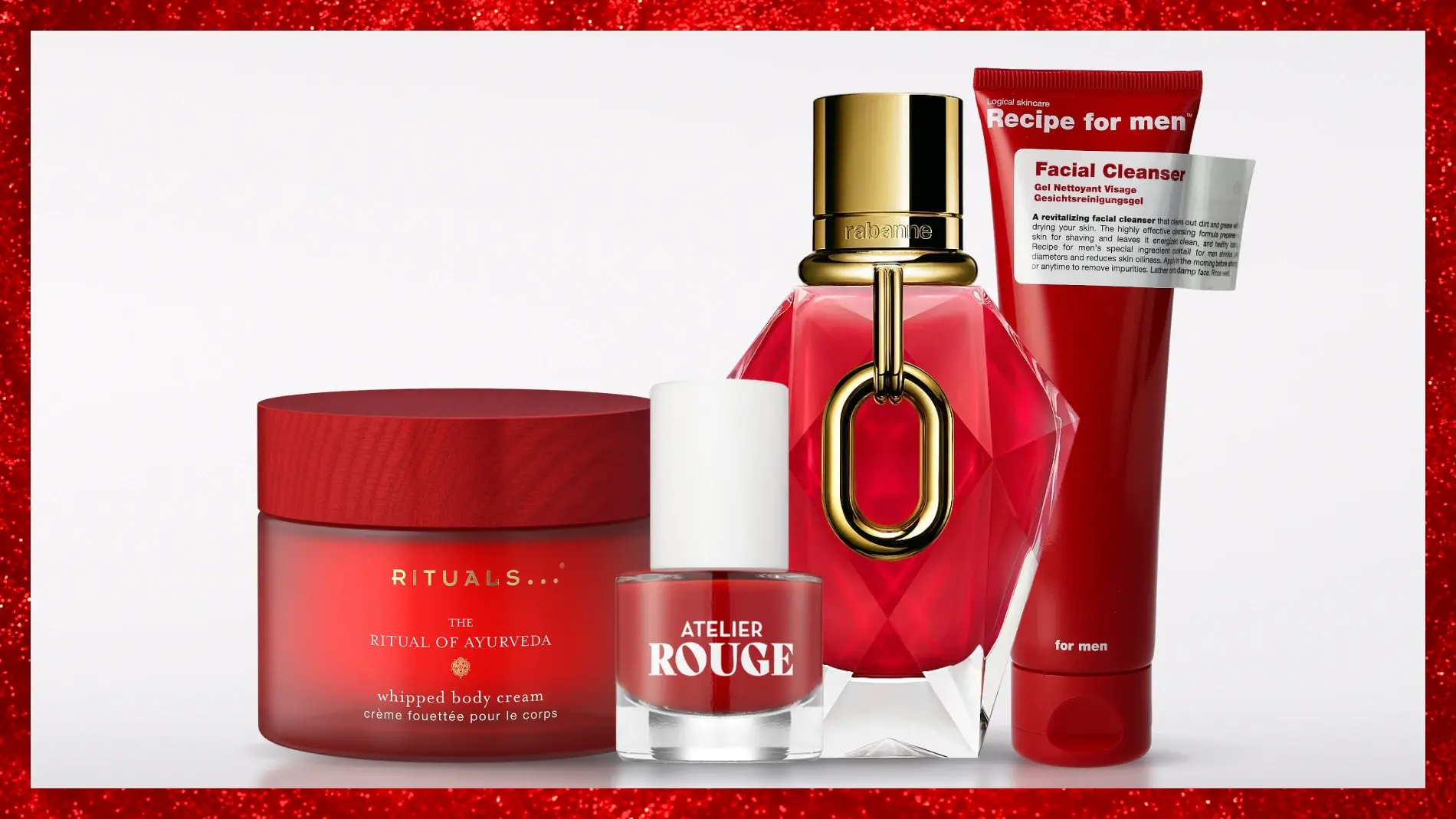Røde skjønnhetsprodukter: Rituals kroppskrem, Atelier Rouge neglelakk, Rabanne parfymeflaske og Recipe for men ansiktsrens.