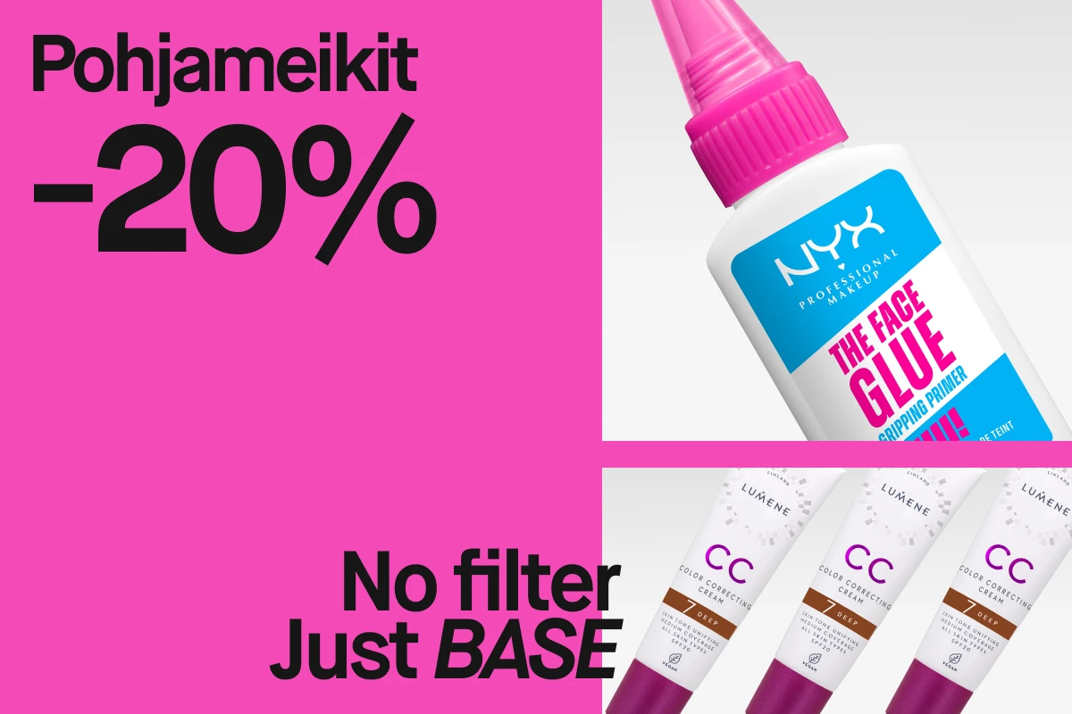 Mainos, jossa lukee "Pohjameikit -20%" vaaleanpunaisella taustalla. Kuvassa NYX Professional Makeup The Face Glue -meikinpohjustusvoide ja Lumene CC Color Correcting Cream -tuotteita.