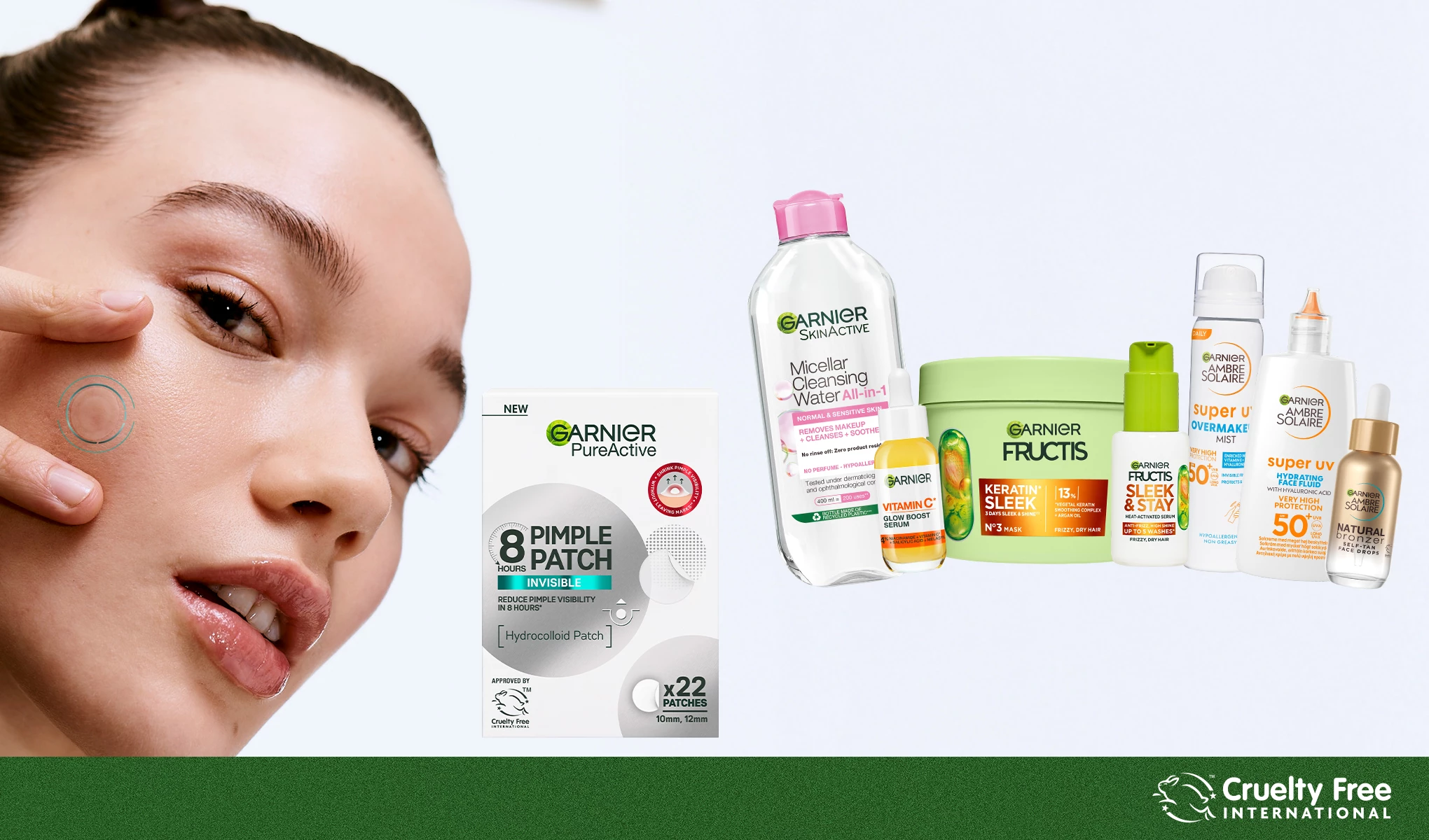 En kvinnes ansikt ved siden av Garnier-produkter med Cruelty Free International-logoen synlig.
