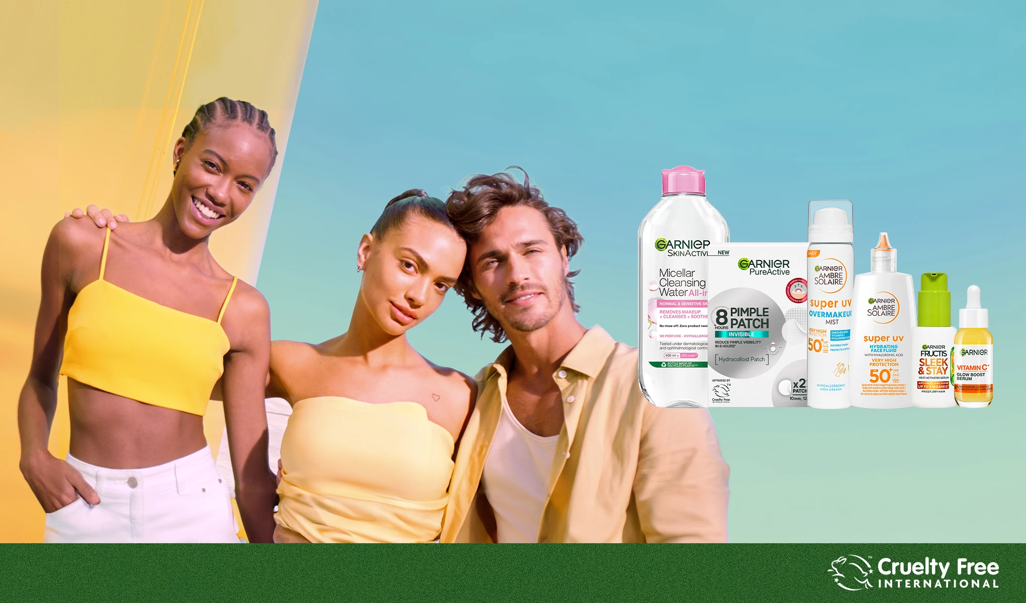 Kolme henkilöä seisoo yhdessä Garnier-tuotteiden kanssa, ja Cruelty Free International -logo näkyy.